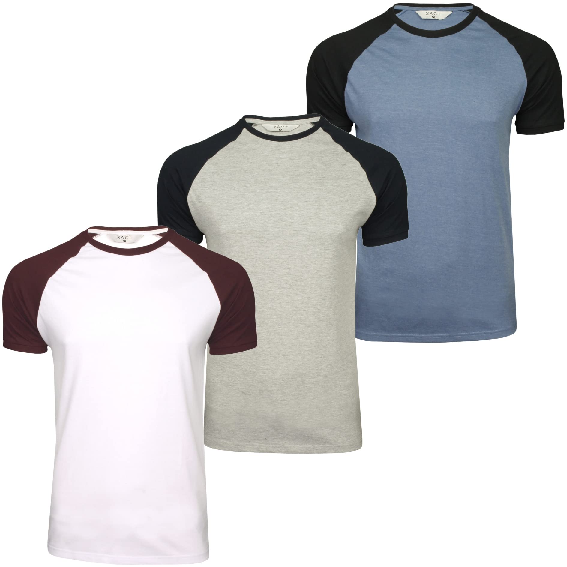Xact Men's 3-Pack Raglan Short Sleeve Crew Neck T-Shirts - Soft Cotton Casual Tees for Everyday Wear, Gym & Outdoors