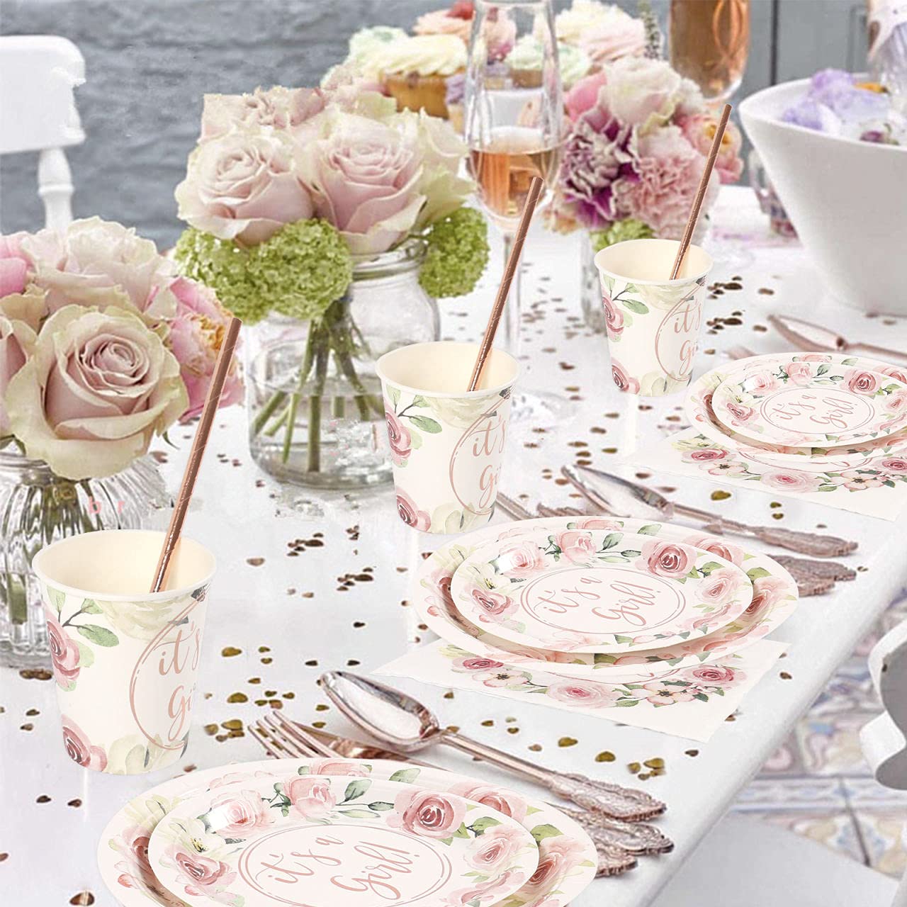 Rose Gold Foil 'It's a Girl' Party Plates Set - 24 Dinner Plates, Dessert Plates, 9oz Cups, Gold Straws & Napkins for Baby Shower & Birthday Decorations | Perfect for Gender Reveal, Bridal Showers & Celebration Parties