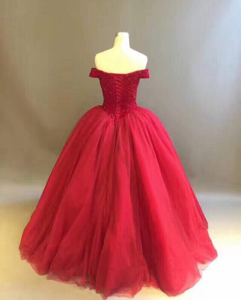 Sparkling Crystal Beaded Corset Top - Off Shoulder Maroon Quinceañera Dress for Sweet 16, Prom, Pageant & Special Occasions