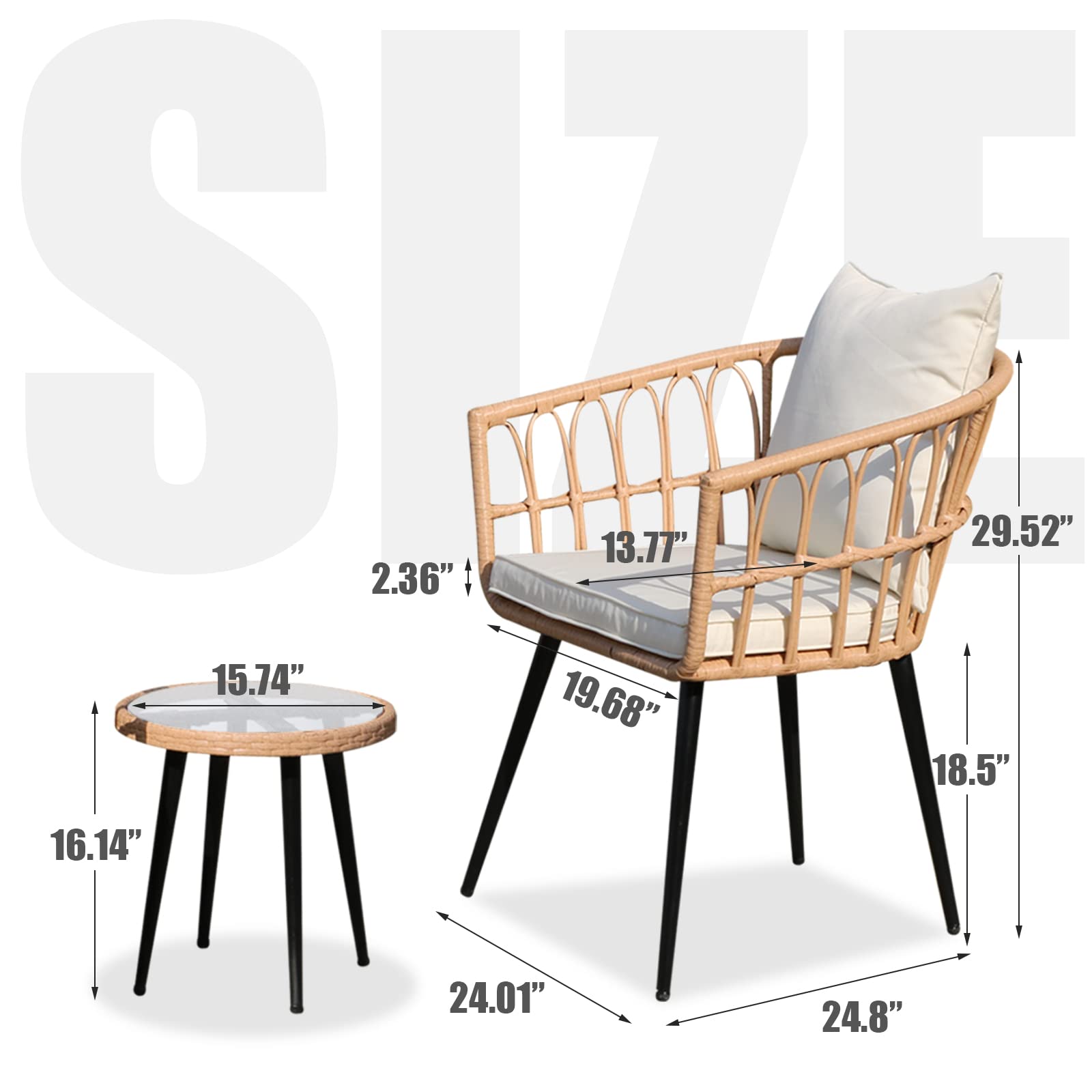 SoarFlash 3-Piece Outdoor Wicker Bistro Set with Coffee Table - Patio Conversation Chairs for Lawn, Garden, Backyard - Weather-Resistant Rattan Furniture for Relaxing Outdoors (Beige)