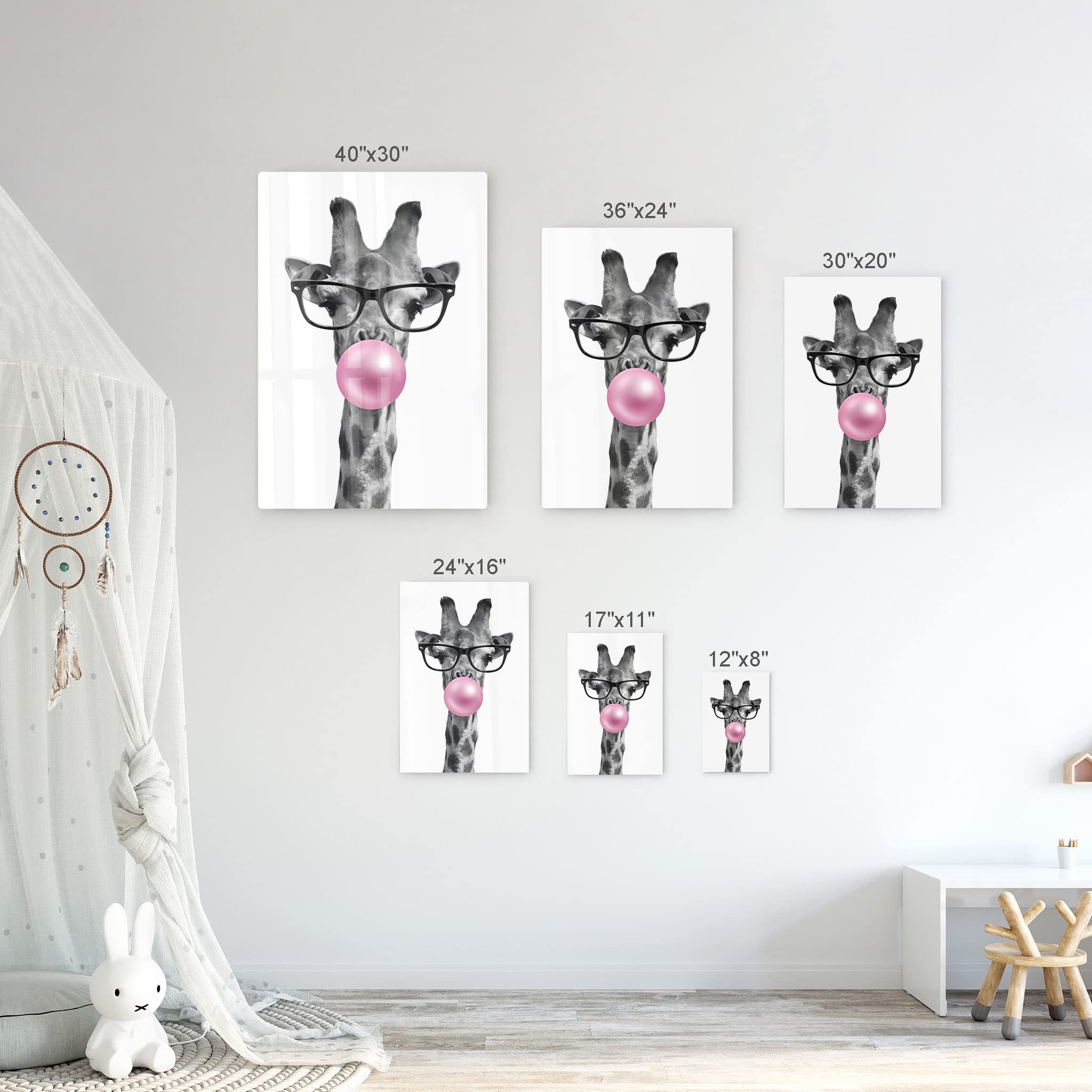 Cute Giraffe with Glasses Metal Wall Art Print - 40x30 Inch Pink Animal Bubble Gum Pop Art for Living Room, Kids Room & Nursery Decor - Ready to Hang, Made in USA | Perfect for Birthday Gifts & Home Decoration
