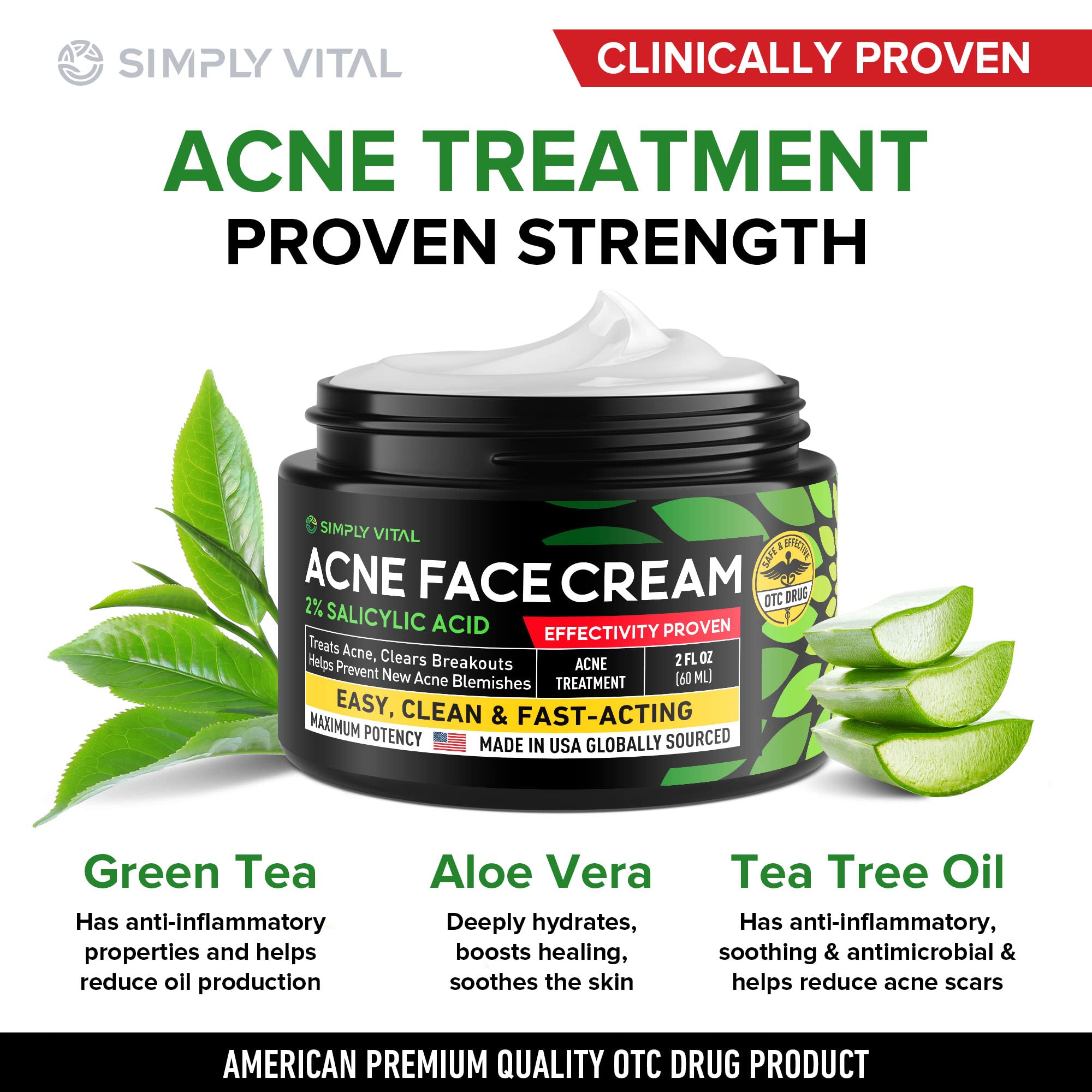 Fast-Acting Acne Treatment Cream for Stubborn Pimples, Blackheads & Whiteheads - Made in USA | Soothing Moisturizer for Inflammation Relief & Acne Scar Prevention (2oz) - Perfect for Daily Skincare Routine & Teen/Adult Acne Care