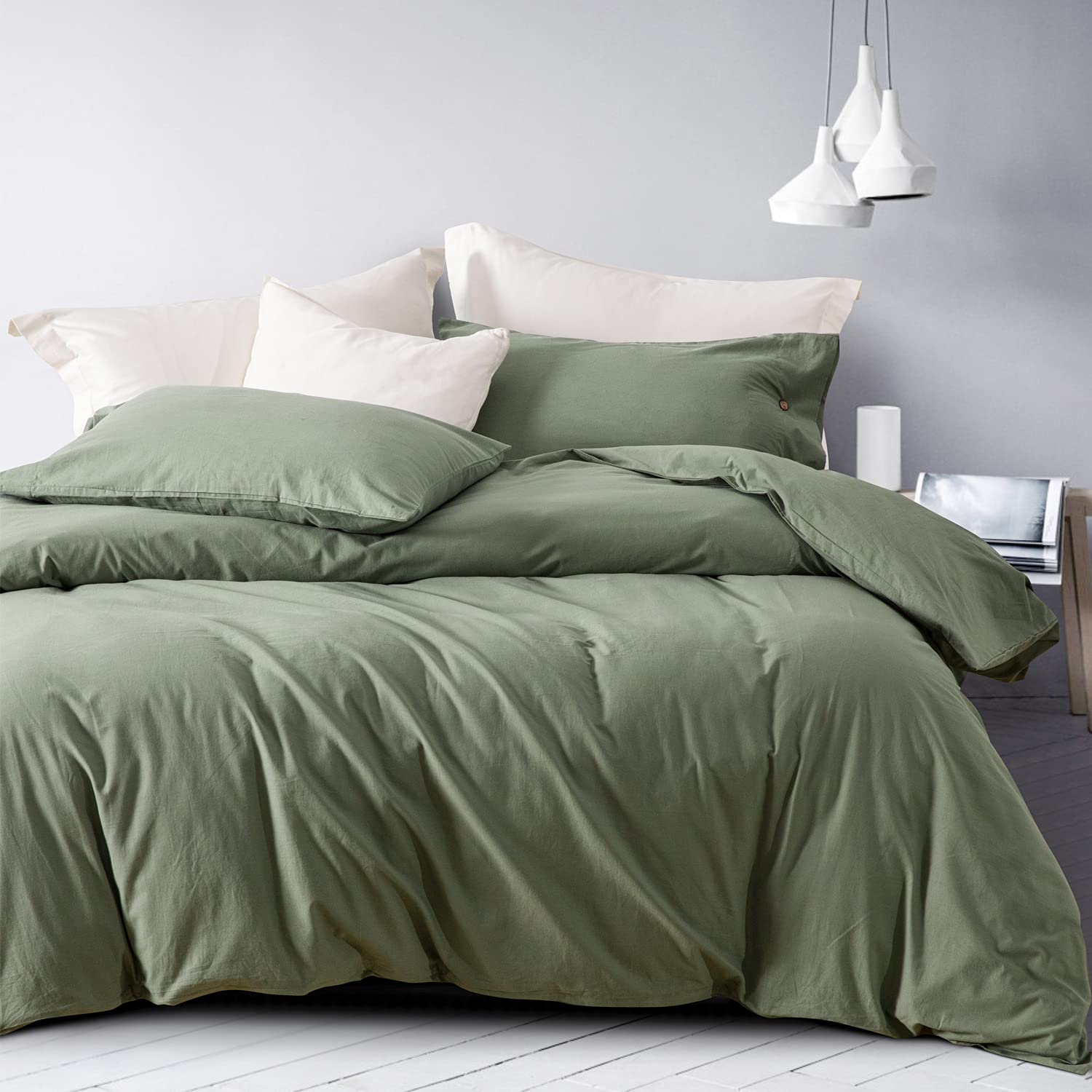 100% Washed Cotton Duvet Cover Queen Size - 3 Piece Luxury Soft Sage Green Bedding Set | Ultra Soft Organic Linen Feel with Zipper Closure | Perfect for Master Bedroom, Guest Room & Cozy Home Decor
