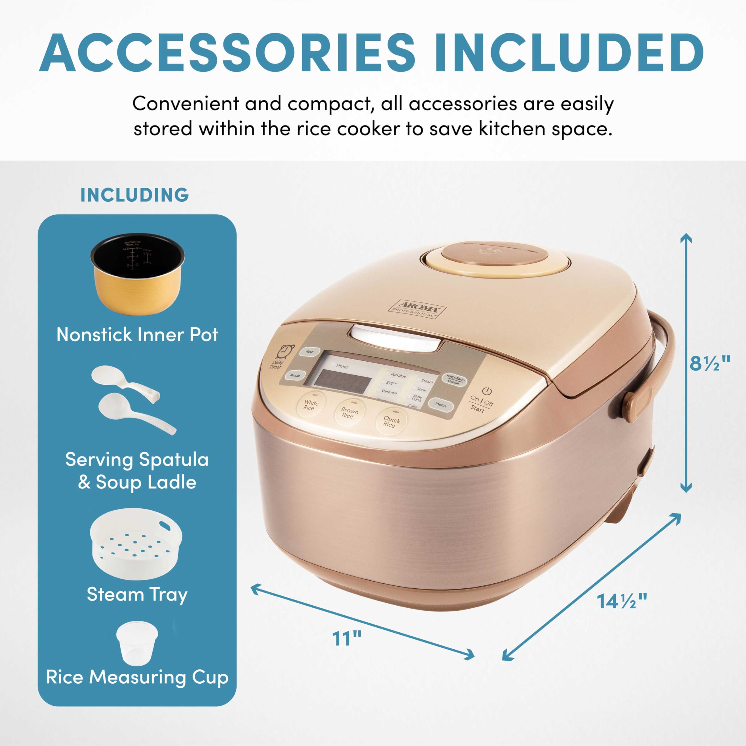 Aroma Housewares ARC-6106 6-Cup Professional Rice Cooker & Slow Cooker with Steamer - Multi-Functional Digital Pot for Rice, Soup & Meal Prep - Perfect for Dorms, Offices & Small Kitchens (Champagne)