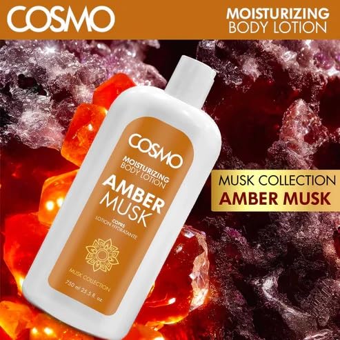 Cosmo New Musk Collection Moisturizing Body Lotion - Amber Musk Scent 750ml for Men & Women, Hydrating Dry Skin Care, All Skin Types, Hand Face & Body Moisturizer - Perfect for Daily Use, After Shower & Nighttime Skincare Routine