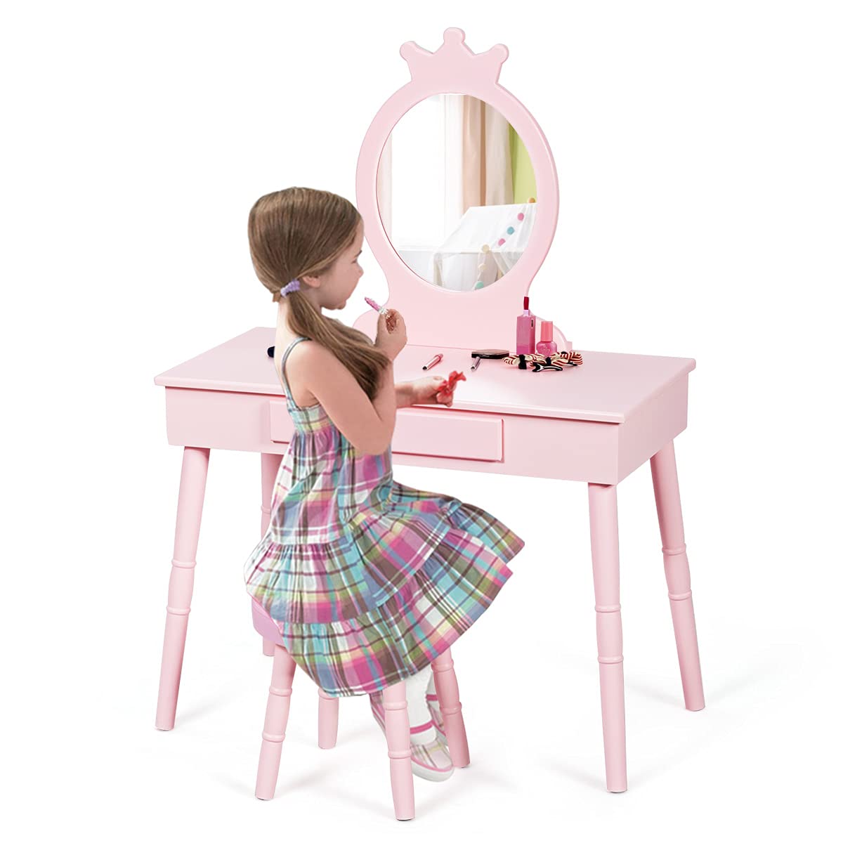 MAT EXPERT Princess Vanity Table Set for Girls - Kids Pretend Play Makeup Dressing Table with Stool, Crown Mirror & Storage Drawer - Pink Beauty Play Set with Real Mirror - Perfect for Birthday Gifts, Room Decor & Pretend Play Activities