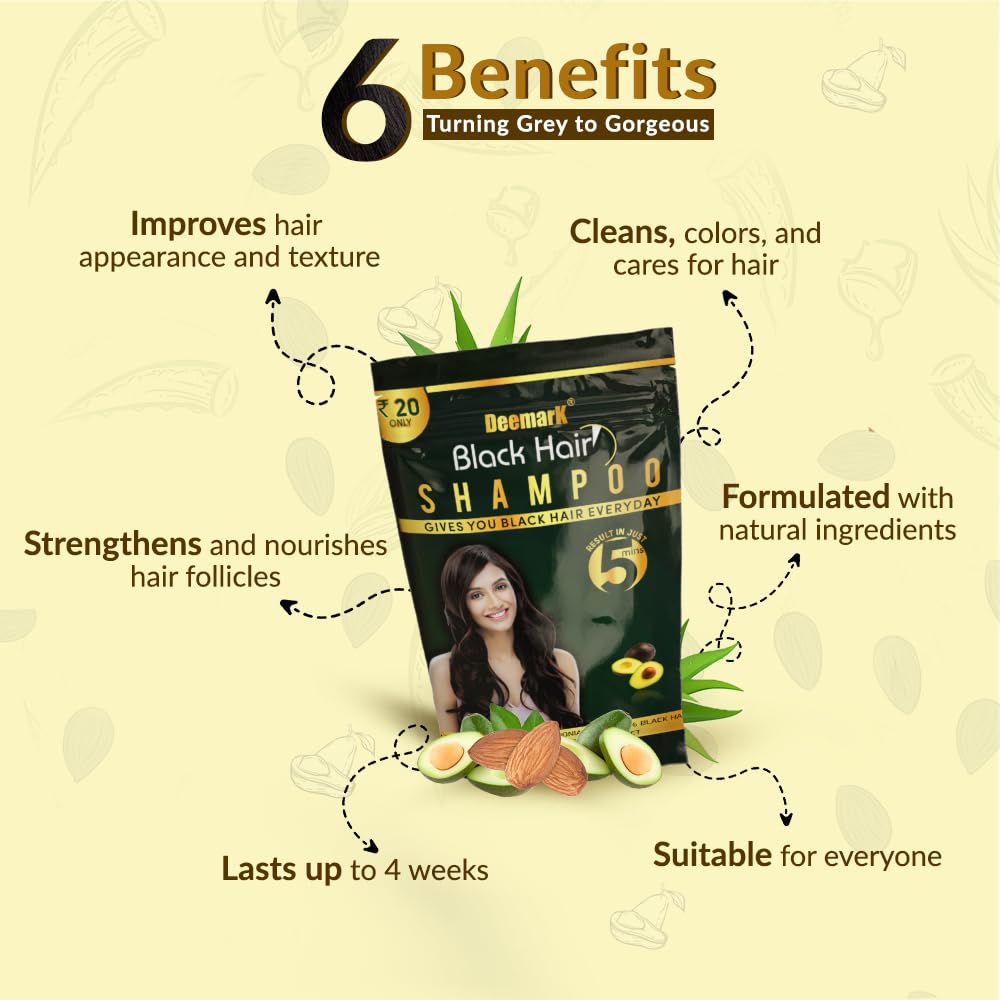 Deemark Black Hair Shampoo for Straight, Smooth & Shiny Hair | Natural Instant Black Hair Dye | Pack of 2 | Perfect for Daily Hair Care & Salon-Quality Results at Home
