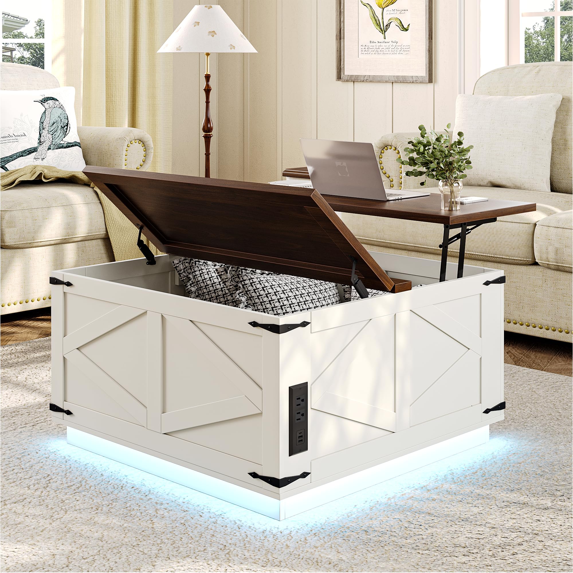 Rustic Lift Top Coffee Table with Storage & LED Light - Farmhouse Square Wood Center Table with Charging Station & Hidden Compartment - Perfect for Living Room, Family Gatherings & Home Decor (White)