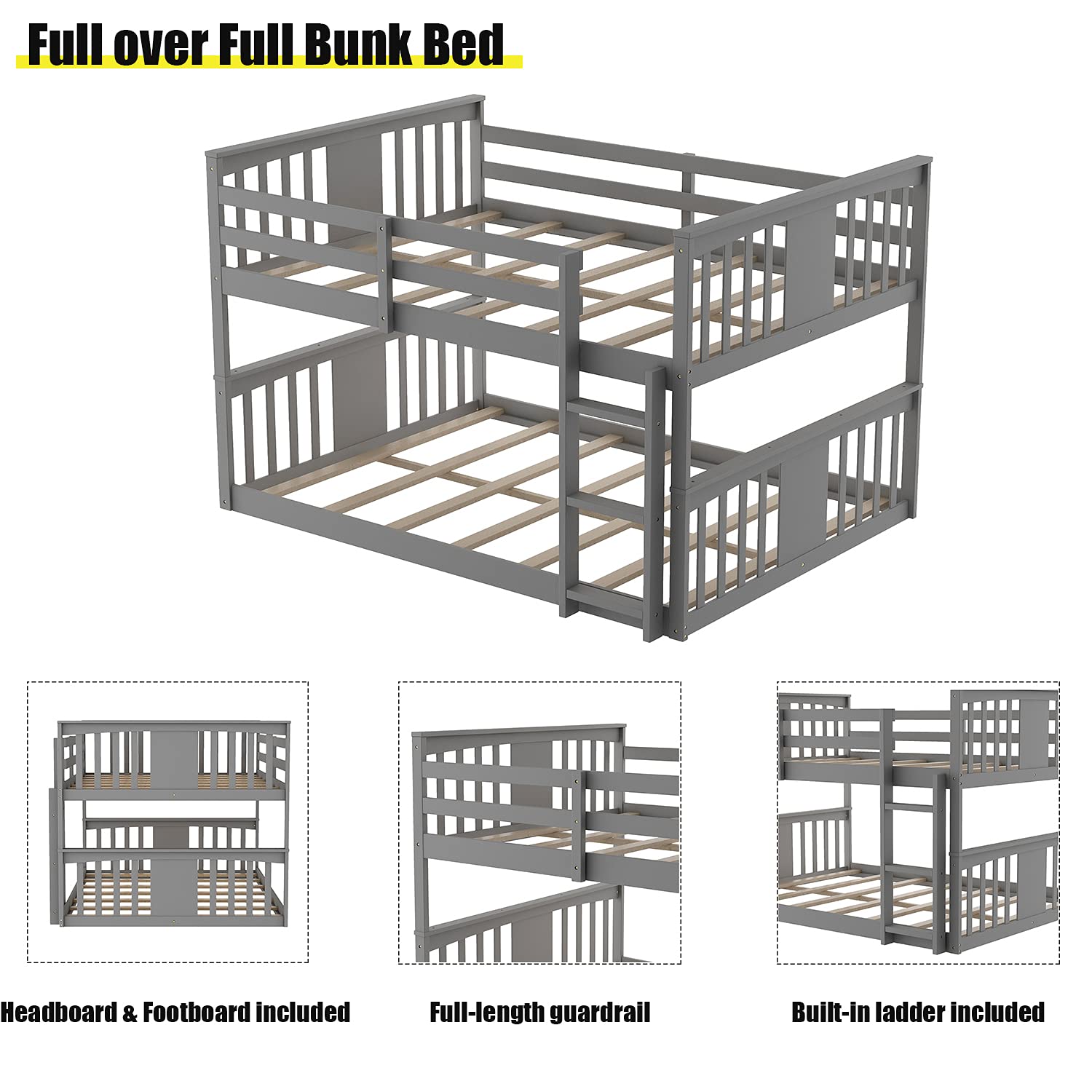 **Full Over Full Wood Bunk Bed Frame - Low Bunk Beds for Kids, Teens & Toddlers - Sturdy Gray Bunkbed for Bedroom, Dorm & Small Spaces - Space-Saving Sleep Solution for Siblings or Sleepovers**