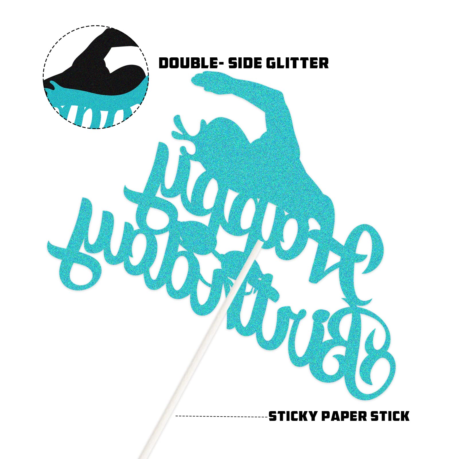 GWING Swimmer Happy Birthday Cake Topper - Blue Glitter Birthday Cake Decor for Summer Pool Party - Swimming Theme Photo Booth Props - Gold Accents - Perfect for Beach Parties & Summer Celebrations