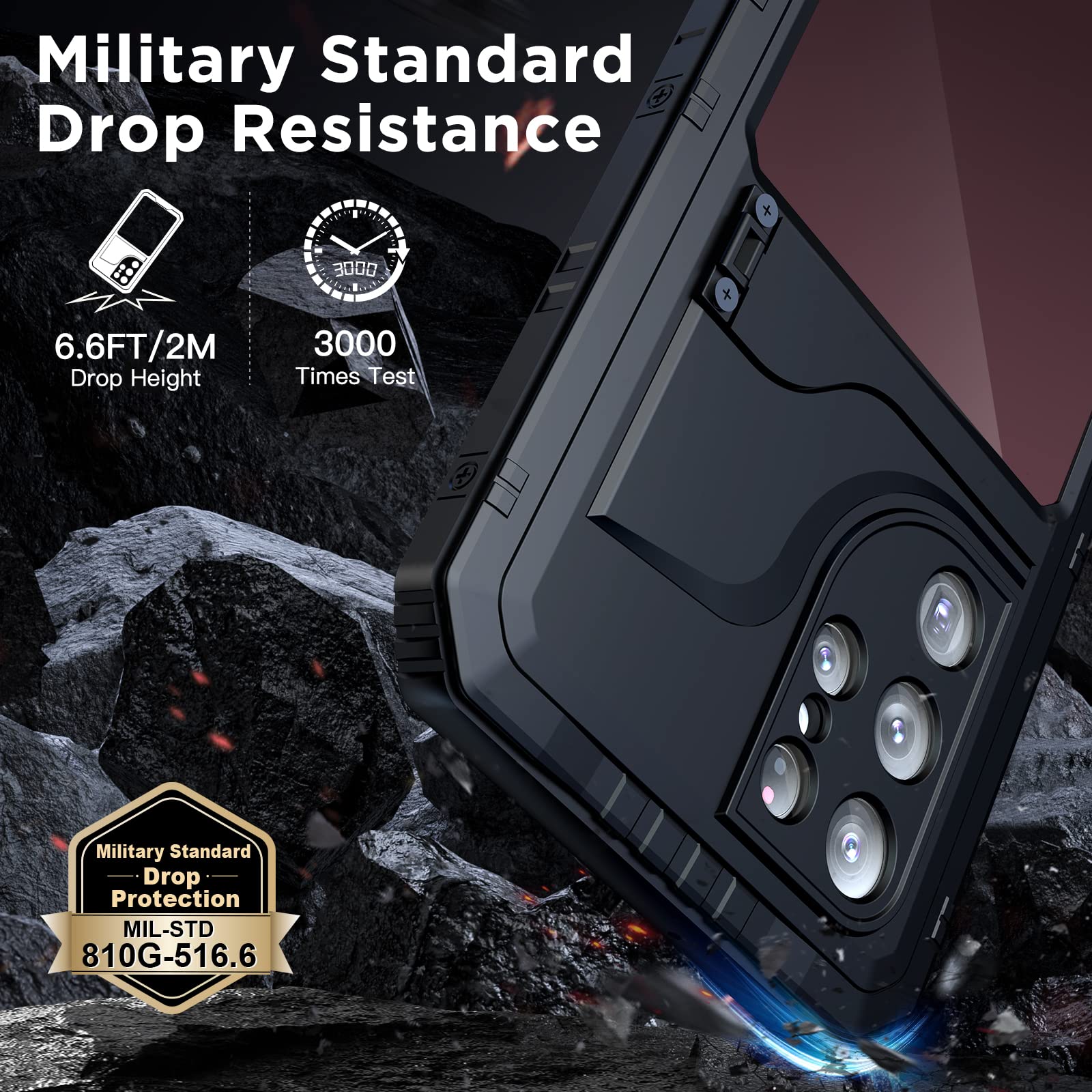 **Mitywah Heavy Duty Shockproof Waterproof Case for Samsung Galaxy S22 Ultra - Metal Kickstand, Built-in Screen Protector, Full Body Protection (Black) - Perfect for Outdoor, Travel & Extreme Sports**