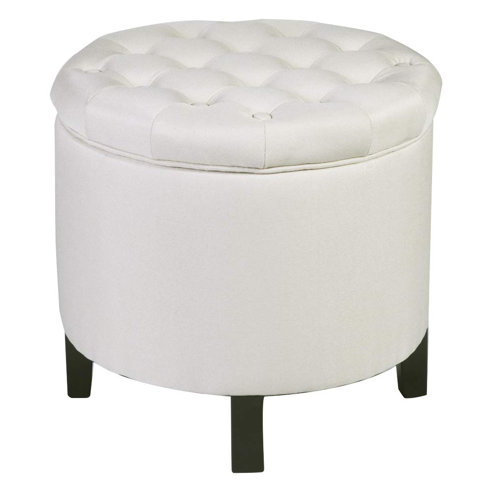 18 Inch Round Storage Ottoman with Removable Lid - Modern Soft Button Tufted Fabric Footrest Stool for Living Room, Bedroom & Nursery - White Home Decor Furniture