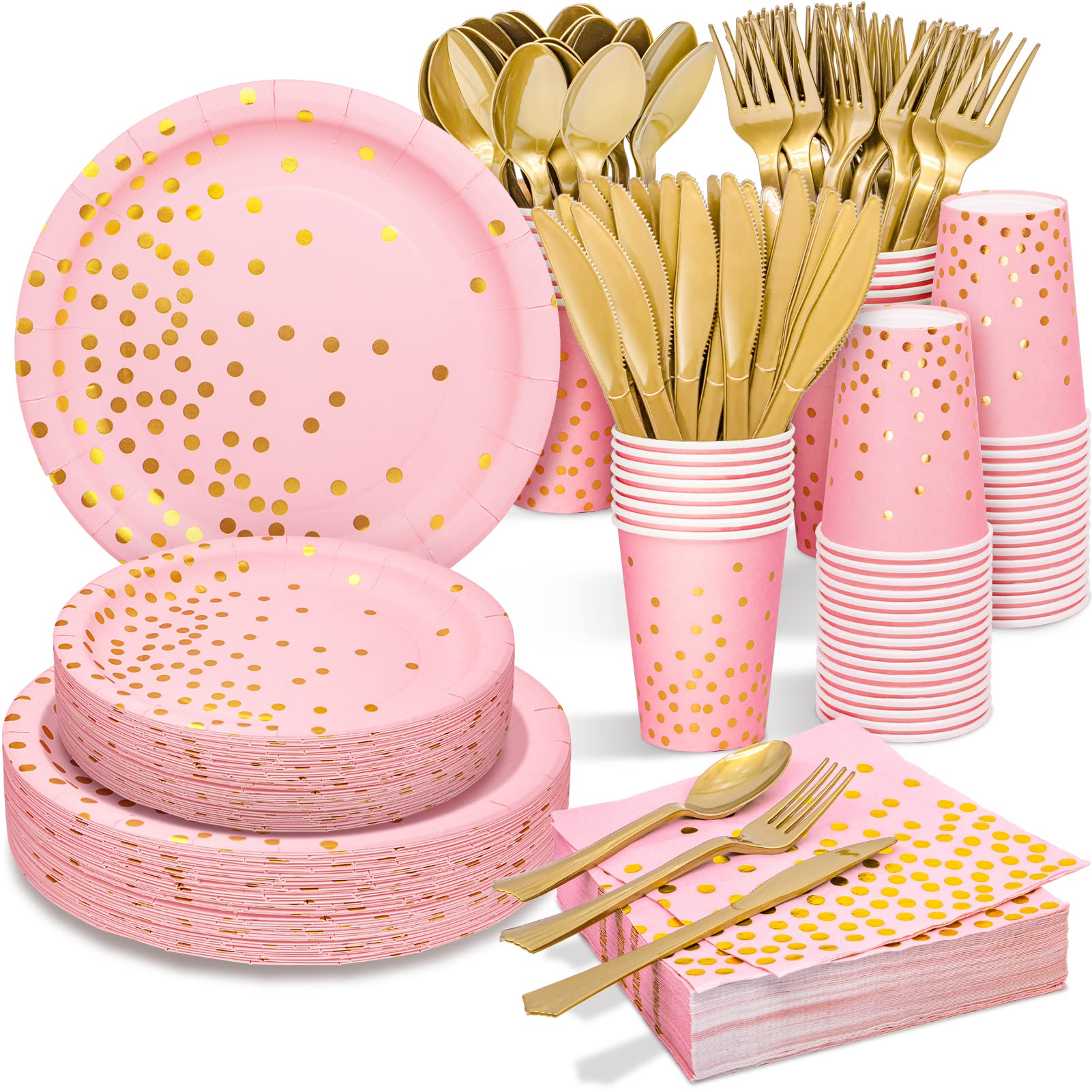 Pink and Gold Party Supplies 350PCS Disposable Dinnerware Set - Elegant Paper Plates, Napkins, Cups with Gold Plastic Cutlery for Birthday, Wedding, Graduation Events | Perfect for Elegant Celebrations & Special Occasions