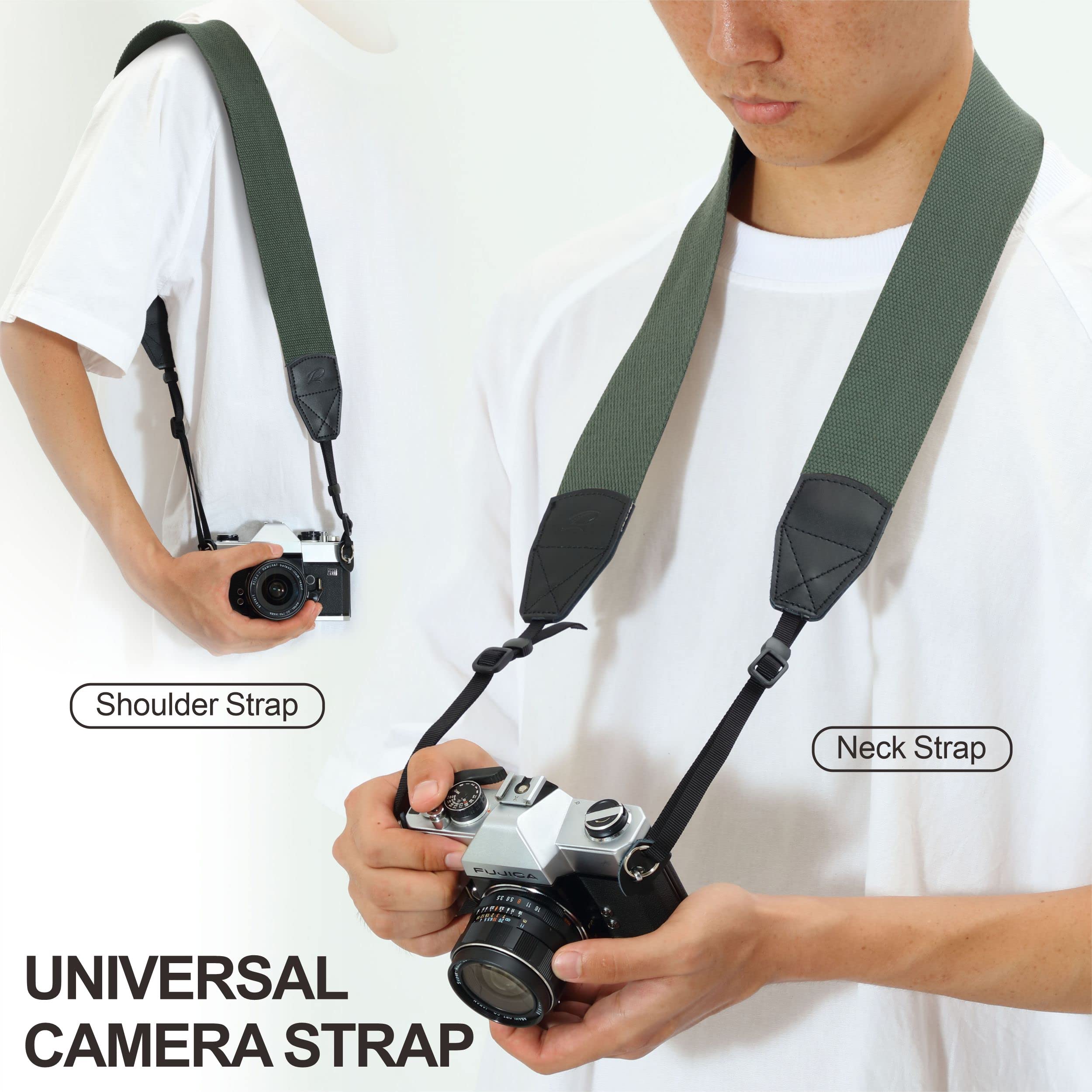 Padwa Lifestyle Dark Green Camera Strap - 2 Inch Wide Cotton Woven Genuine Leather Neck Strap for DSLR/SLR Cameras, Binoculars & Drone Remote Control with 2 Free Quick Release Clips | Perfect for Travel, Photography & Outdoor Adventures