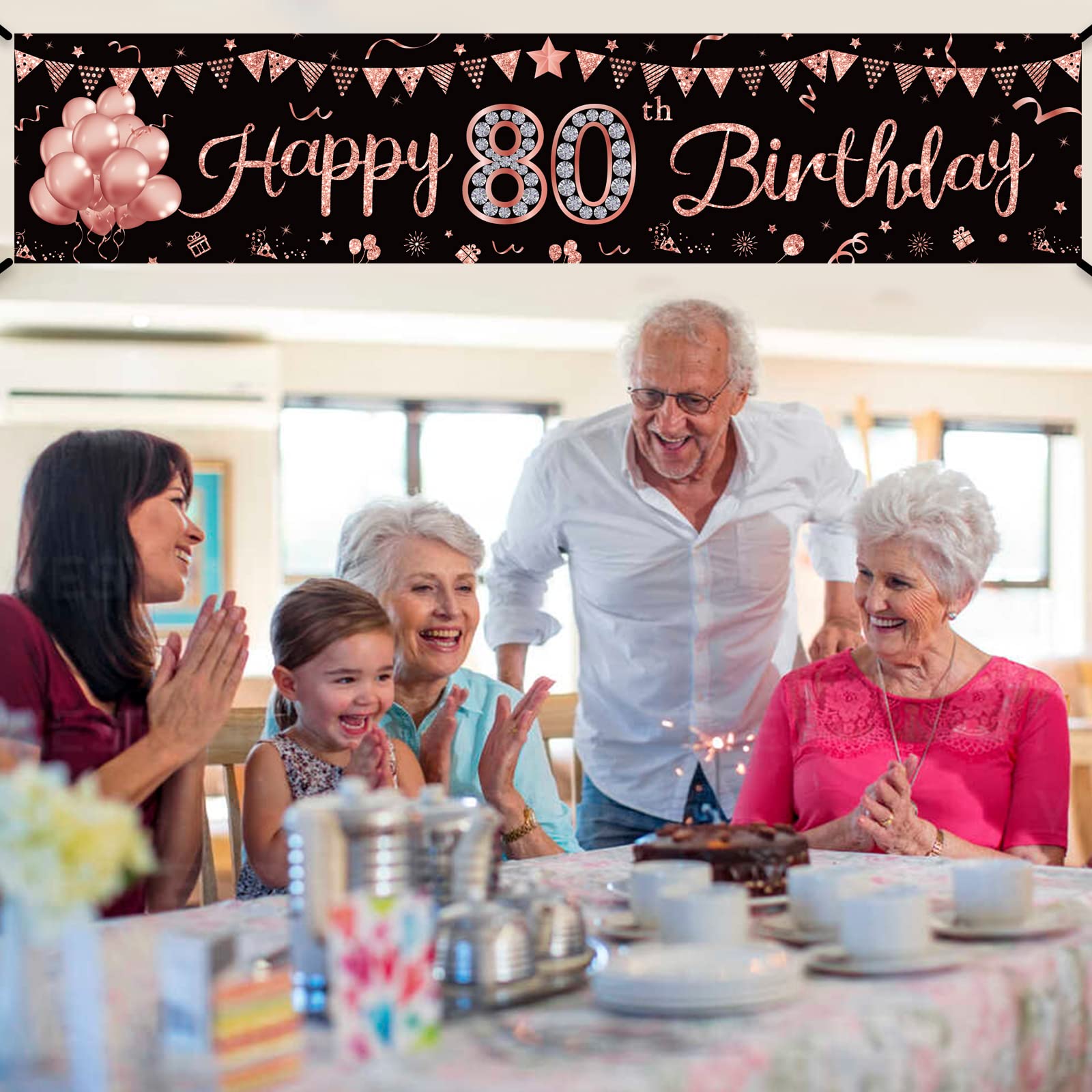 Rose Gold 80th Birthday Banner Decorations for Women - Elegant 80 Year Old Party Sign, Photo Backdrop & Wall Decor - Perfect for Indoor & Outdoor Celebrations, Milestone Birthdays, Anniversary Parties & Family Gatherings