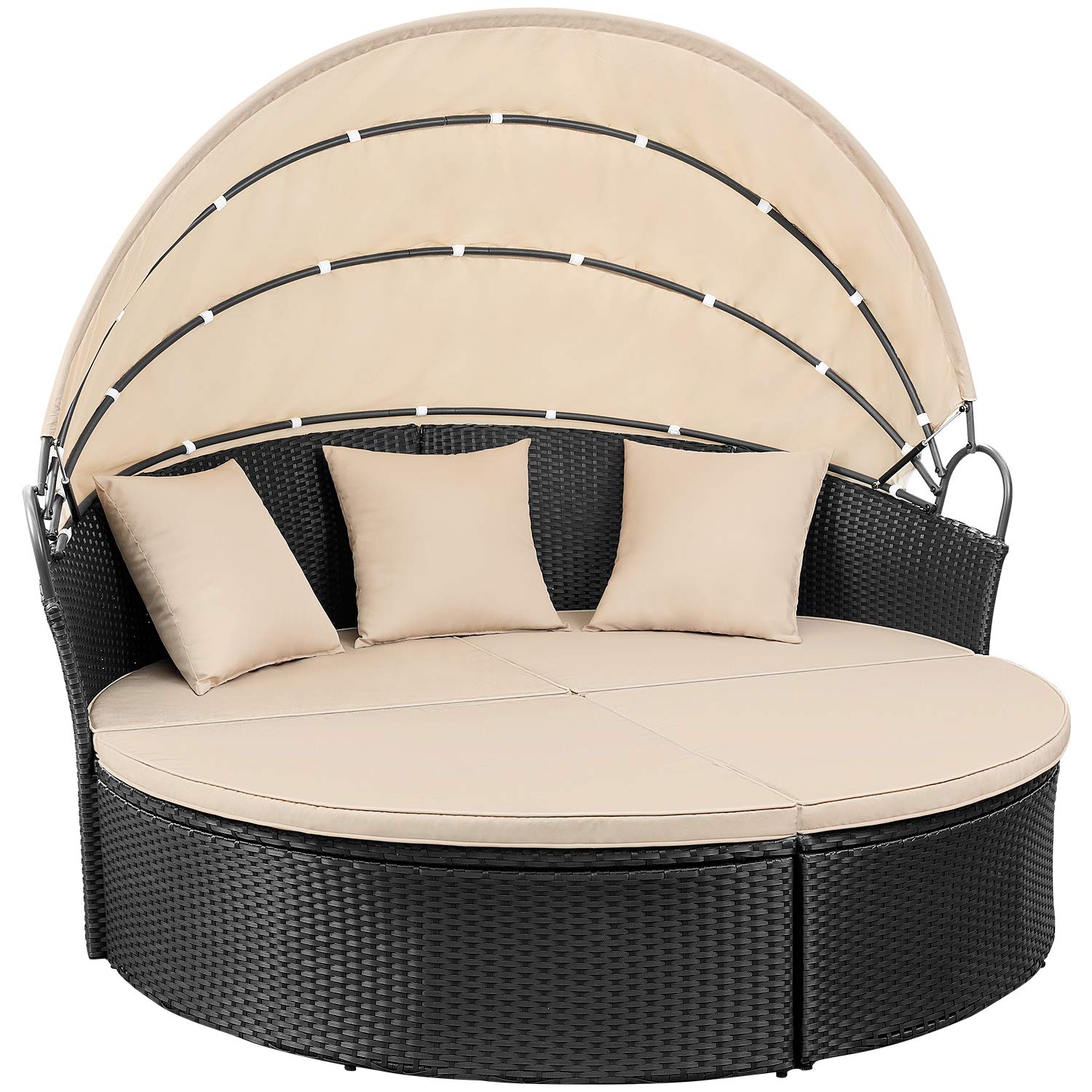 Devoko Outdoor Round Daybed with Retractable Canopy - Wicker Rattan Sectional Sofa for Patio, Garden, Backyard - Perfect for Lounging, Sunbathing & Outdoor Relaxation