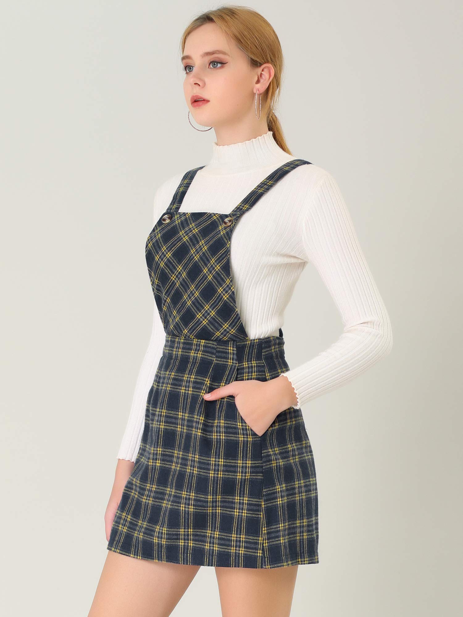 Allegra K Women's Plaid Adjustable Strap Pinafore Mini Dress - Stylish Bib Overall Suspender Skirt for Casual Outings, Date Nights & Spring Fashion