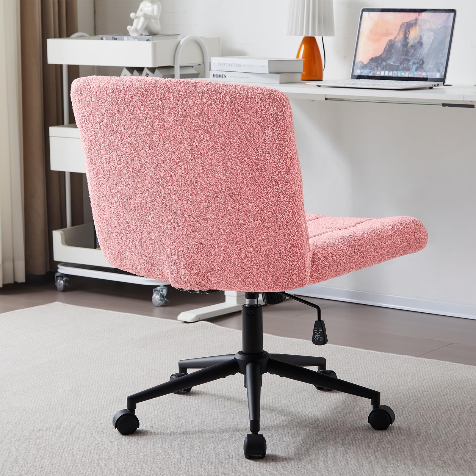 Furnimart Swivel Criss Cross Legged Office Chair with Wheels - Adjustable Height Armless Desk Chair with Comfy Seat, Faux Fur Pink - Perfect for Home Office, Vanity, Bedroom & Small Spaces