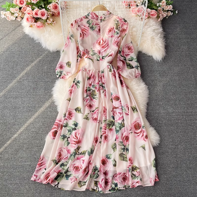 Fairy Rose Floral Print Dress with Bow Tie - Elegant Long Skirt for Women | Perfect for Weddings, Parties & Special Occasions