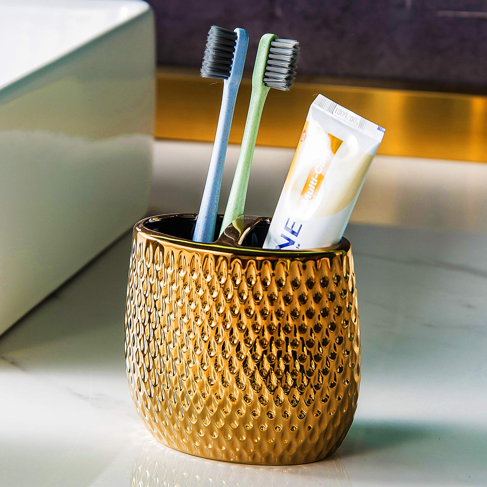 Premium 4-Piece Ceramic Bathroom Accessory Set - Gold Raindrop Design Toothbrush Holder, Soap Dispenser, Tumbler & Dish for Modern Bathroom Decor | Elegant Vanity Essentials for Home, Hotel & Spa Use
