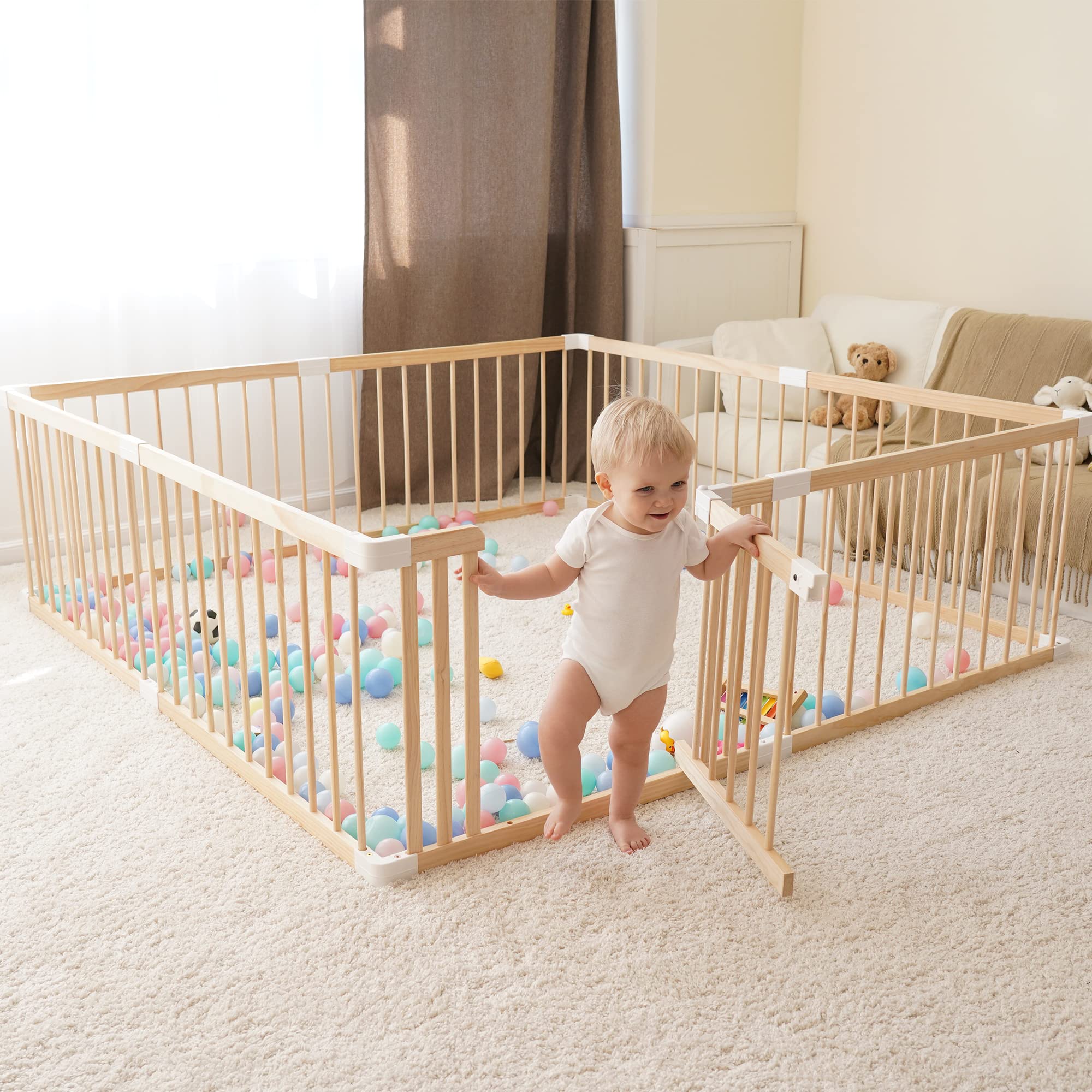 **Large Wooden Baby Playpen 71x59x24 Inches - Safe & Sturdy Toddler Play Yard with Door for Indoor/Outdoor Use - Perfect for Playtime, Learning & Activity Centers**