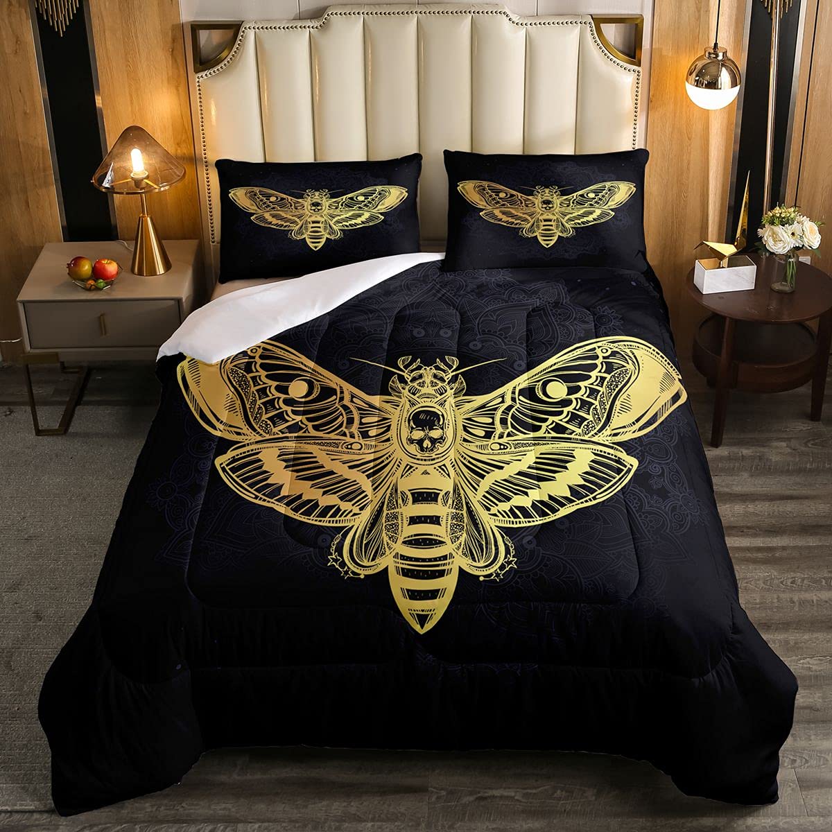Gothic Skull Moth Pattern Comforter Set - Twin Size Black & Gold Skeleton Bones Duvet Cover for Kids Bedroom Decor | Retro Gothic Bedding for Boys & Girls | Perfect for Halloween, Dark Aesthetic Rooms & Unique Home Decor