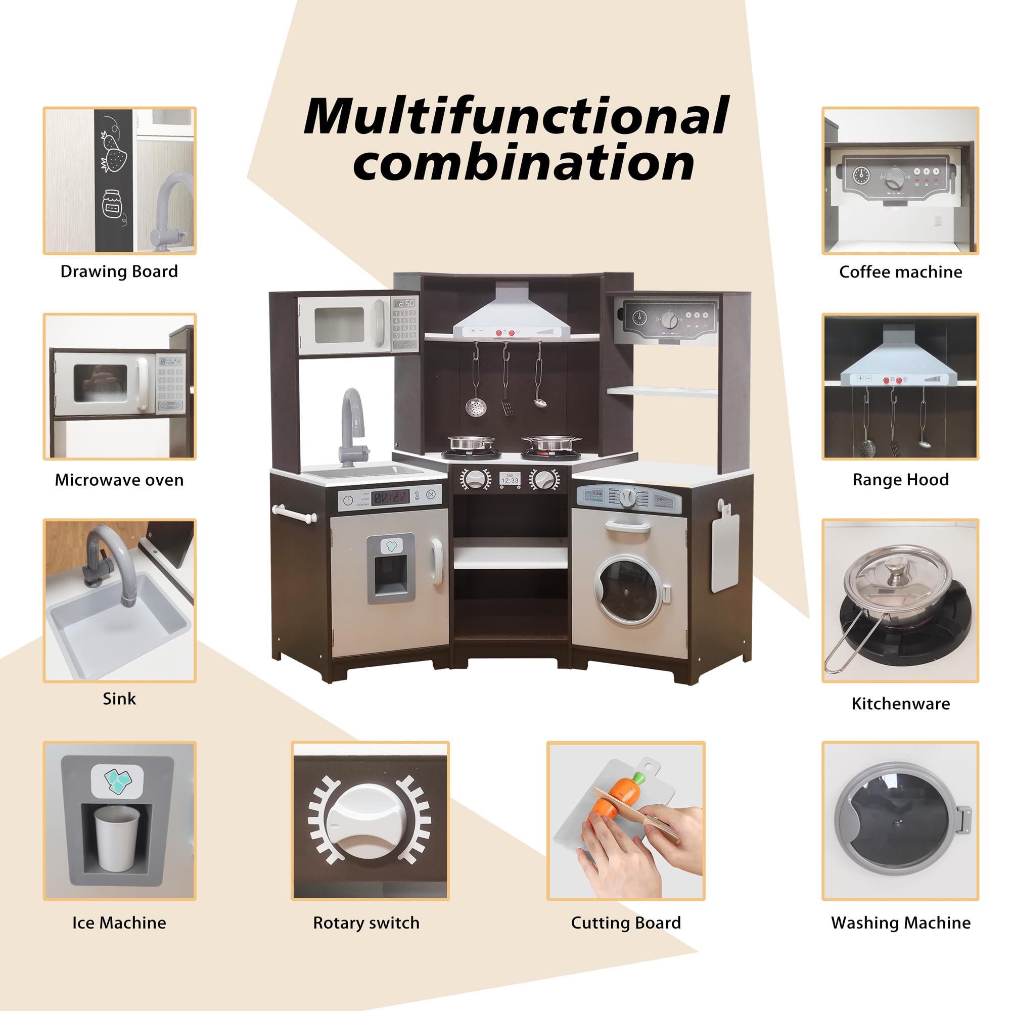 TaoHFE Wooden Play Kitchen Set for Kids - Interactive Pretend Play with Lights, Sounds, Washing Machine & Range Hood - Toddler Kitchen Toys for Boys & Girls Ages 3+ - Perfect for Home, Preschool & Daycare Role Play Activities