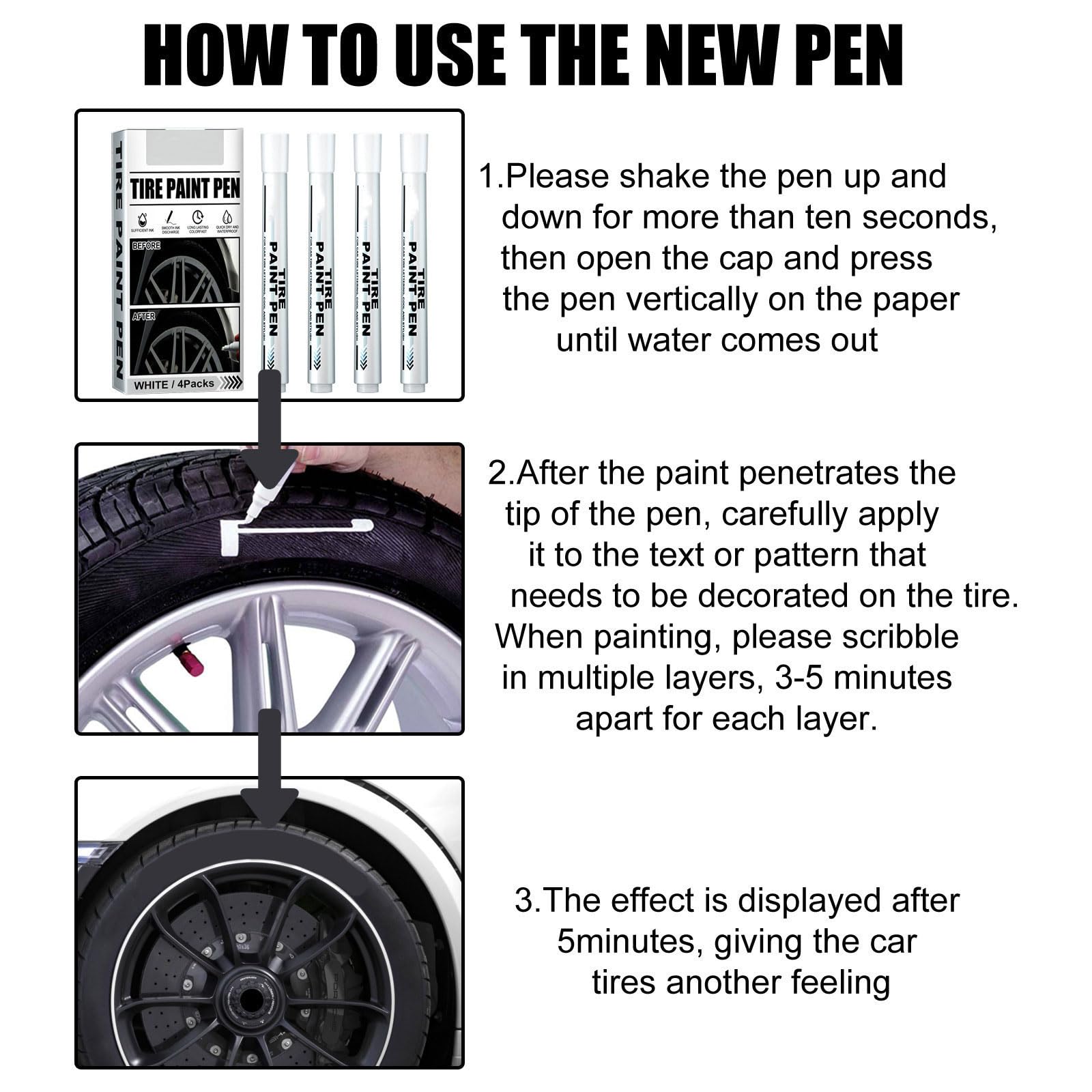 4Pcs White Waterproof Tire Paint Pens for Car Wheels - Durable Tire Lettering Marker for DIY Customization, Auto Detailing & Touch-Ups