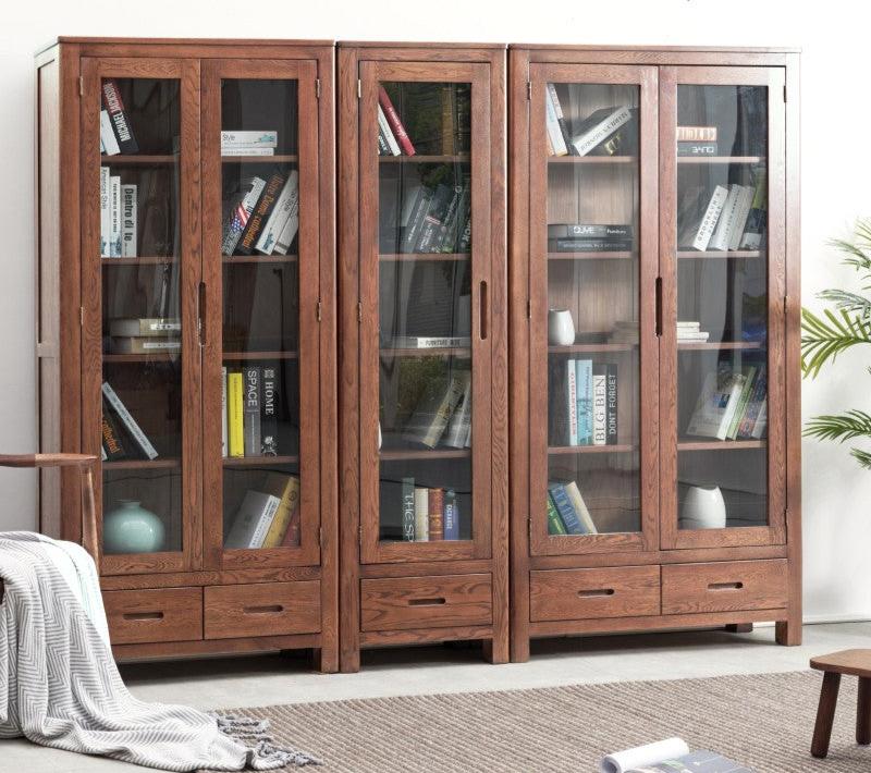 Oak Solid Wood Nordic Bookcase with Glass Door - Modern Bookshelf for Living Room, Office & Study - Perfect for Home Decor & Storage