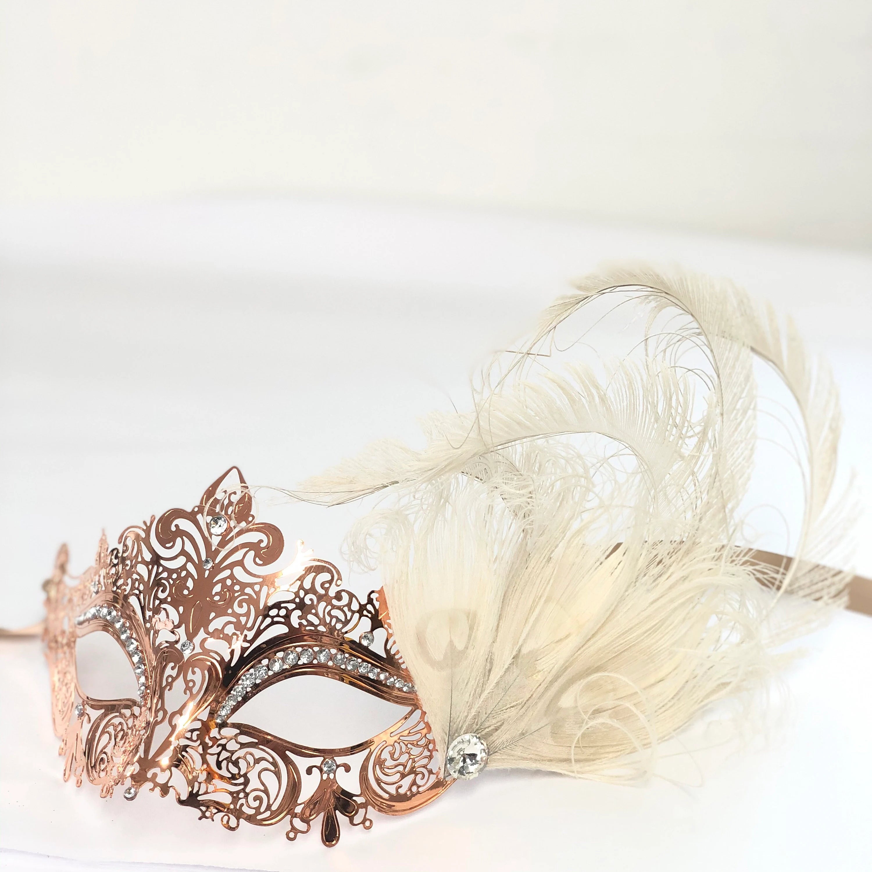 Elegant Venetian Rose Gold Metal Mask with Feathers - Venetian Carnival Masquerade Mask for Costume Parties, Halloween, Mardi Gras, and Ballroom Events