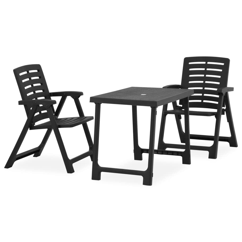 Outdoor Plastic Bistro Set 3-Piece - Patio Dining Table with Folding Chairs & Umbrella Hole - Grey Rectangular Garden Table for Backyard, Deck, Balcony & Outdoor Kitchen