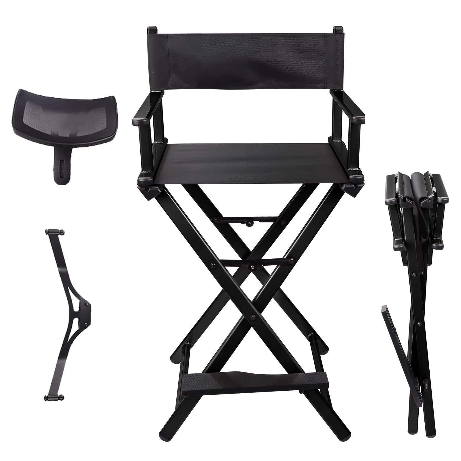 Lorvain Foldable Makeup Artist Stool Chair - Portable Tall Folding Director's Chair with Headrest, Aluminum Frame for Salon, Studio & Vanity - Bar Height Black Makeup Chair for Professional & Home Use