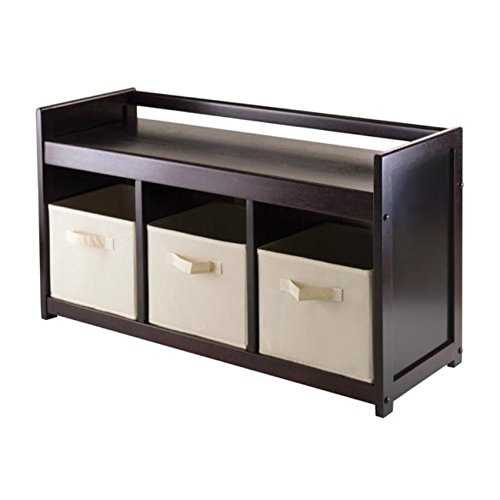 Ergode Wood Addison 4-Piece Storage Bench Set with 3 Beige Baskets - Solid Wood Entryway Bench with Espresso Finish - 37.4