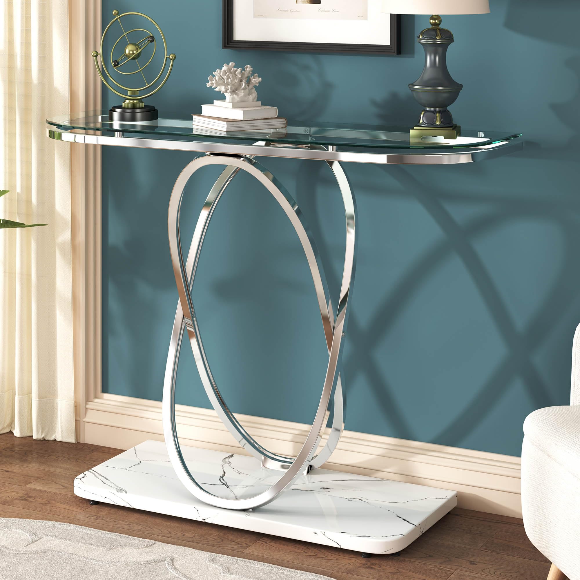 O&K FURNITURE Silver Glass Console Table with Oval Frames & White Faux Marble Base - Elegant Entryway Table, Hallway Sofa Table for Living Room, Office & Modern Home Decor | Perfect for Small Spaces & Apartment Entryways