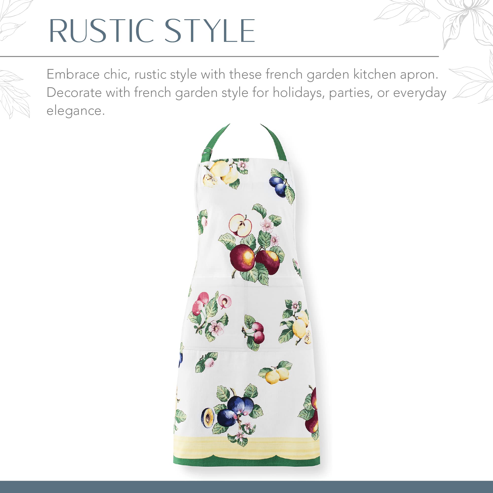 Elrene Home Fashions Villeroy & Boch French Garden Kitchen Apron - Premium Cotton Chef Apron for Cooking, Baking & Grilling - Stylish & Functional Home Kitchen Accessory for Women & Men