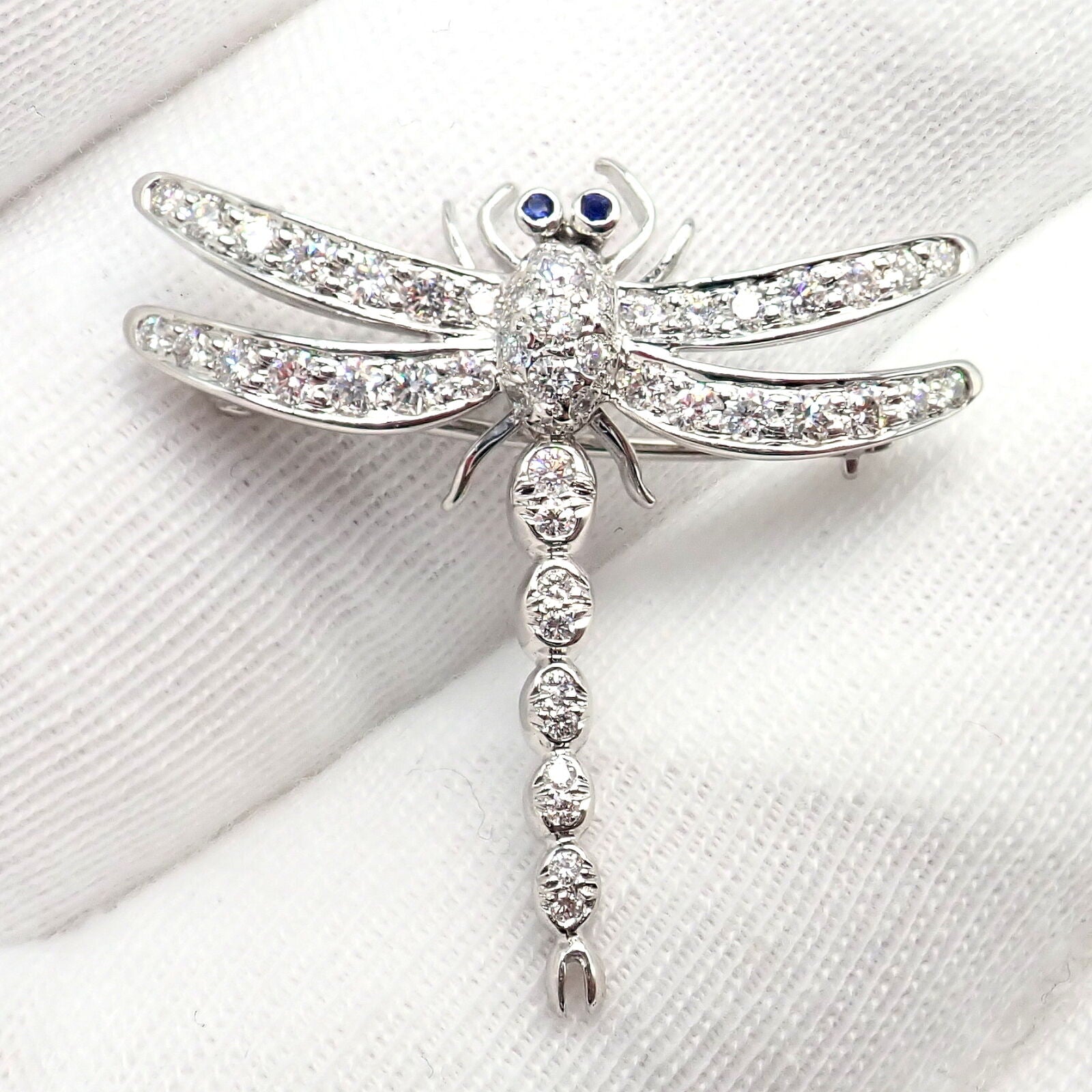 Authentic Tiffany & Co. Platinum Dragonfly Diamond Sapphire Brooch Pin - Elegant Jewelry for Women, Perfect Gift for Anniversaries & Special Occasions