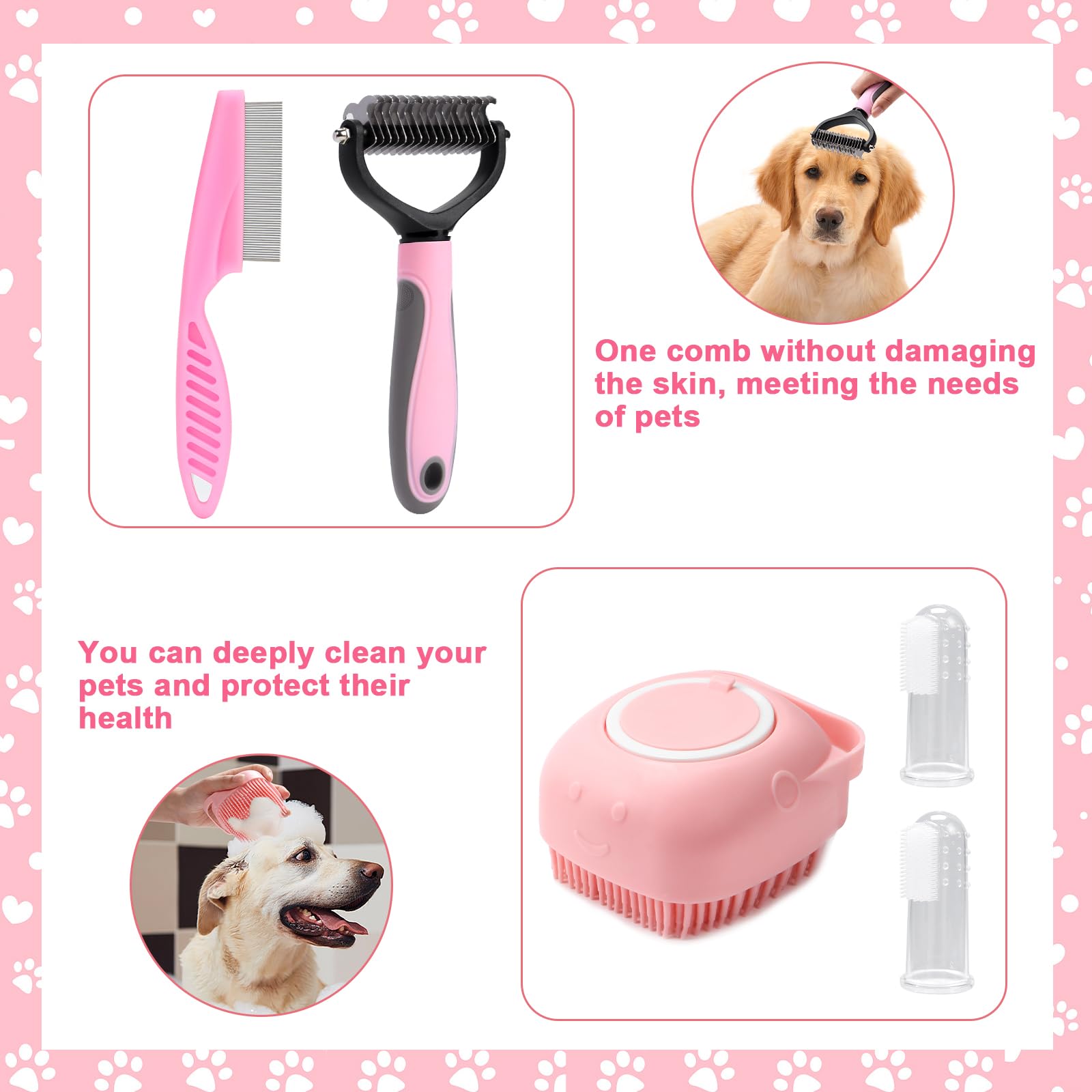 VCZONE 8 Pcs Dog Grooming Kit with Self Cleaning Tools - Professional Nail Clippers, Flea Comb, Shampoo Brush, Shedding Brush, Dematting Comb & Silicone Toothbrush for Small to Large Dogs (Pink) - Perfect for Home Pet Care, Bathing, and Coat Maintenance