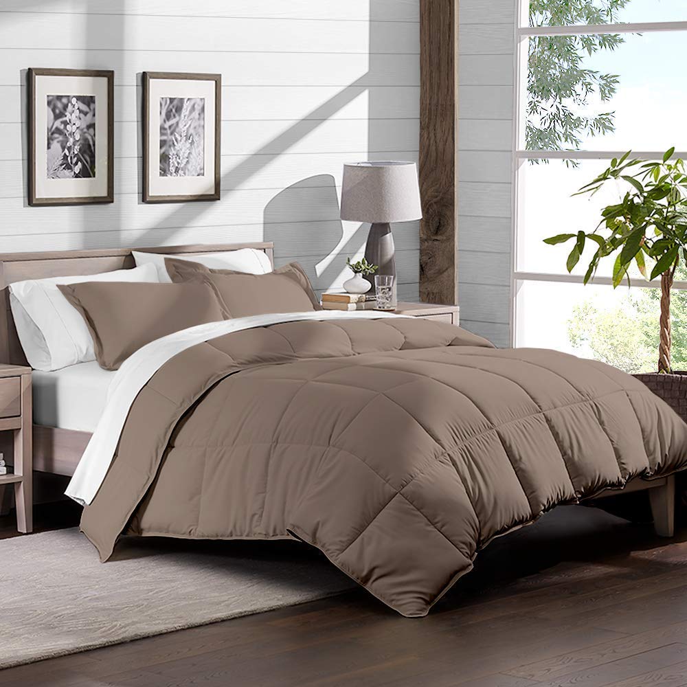 Luxury 8-Piece Hotel Collection Super Soft Goose Down Comforter Set - 300 GSM, 500 Thread Count, 100% Organic Cotton Duvet Cover & Sheet Set - Twin XL Size in Taupe - Perfect for Master Bedrooms, Guest Rooms & Cozy Winter Nights