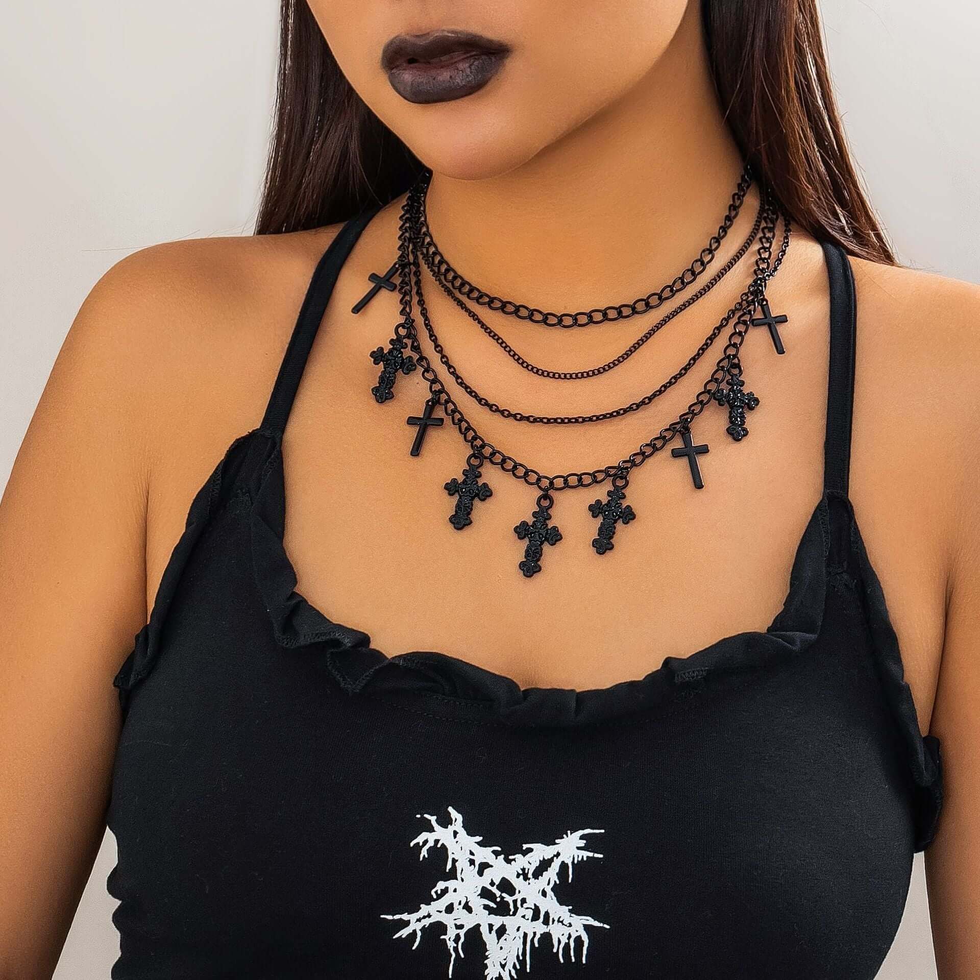 Cool Dark Cross Layering Grunge Necklace Statement | NZ4303 - Gothic Punk Jewelry for Women, Layered Necklace Set for Alternative Fashion, Perfect for Concerts, Parties and Edgy Outfits