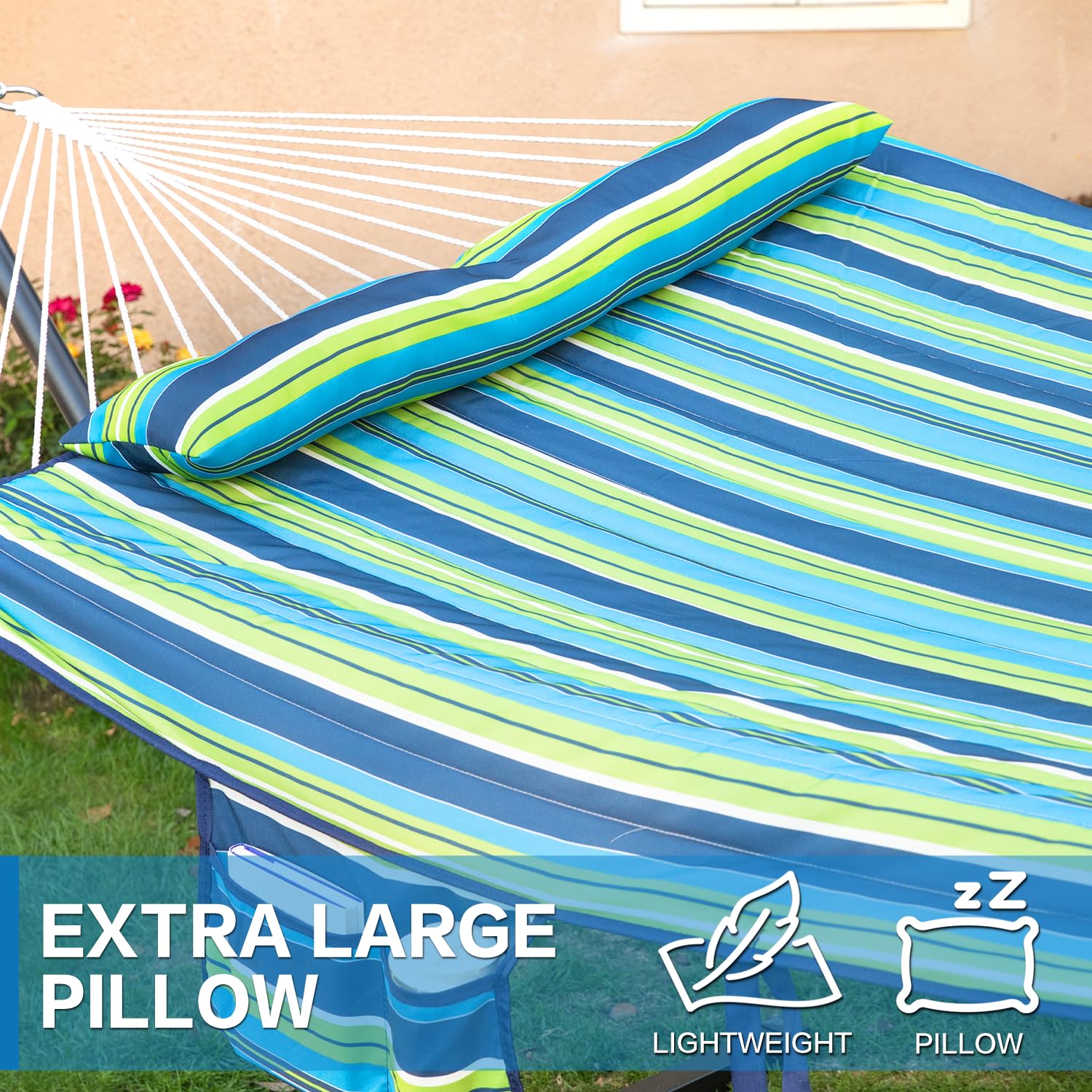 Premium Double Hammock with Stand - 12ft Heavy Duty Outdoor Hammock for 2 Persons, 475 lbs Capacity - Includes Polyester Pad, Pillow & Storage Sidebag - Perfect for Backyard, Garden, Patio & Camping Relaxation