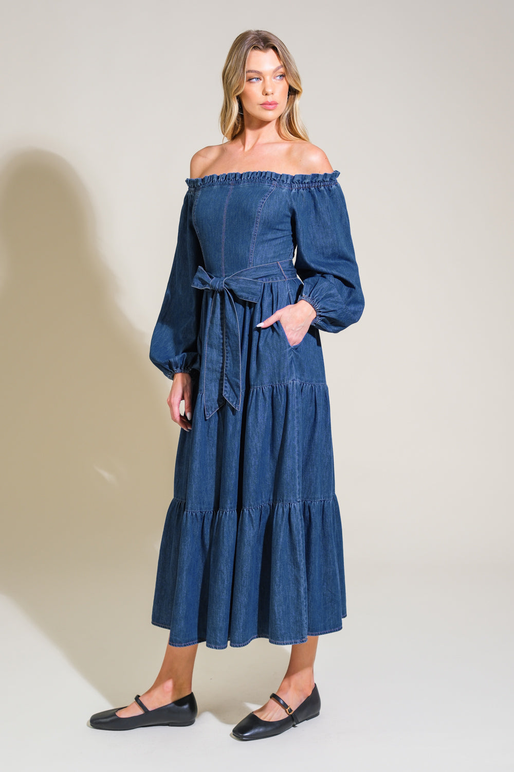 Stylish Off Shoulder Denim Midi Dress with Long Sleeves - Women's Fashion Casual & Party Wear for Date Night or Weekend Outings