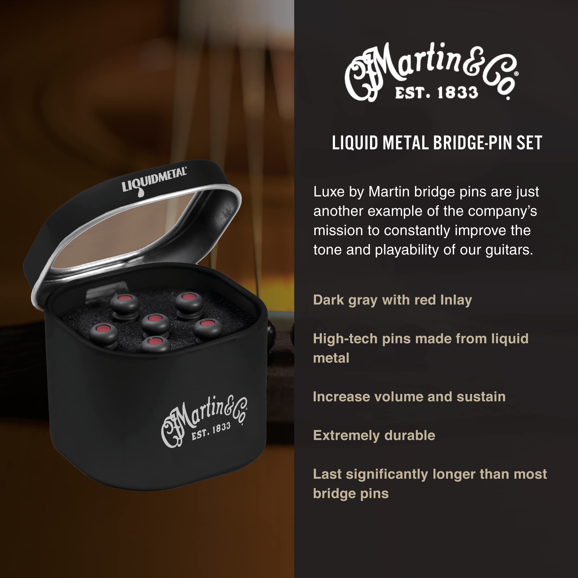 Premium Martin Guitar LUXE Acoustic Guitar Bridge Pins Set - 6 Matte Grey Pins with Elegant Red Inlay | Durable Replacement Parts for Martin & Other Acoustic Guitars | Perfect for Guitar Maintenance & Sound Enhancement