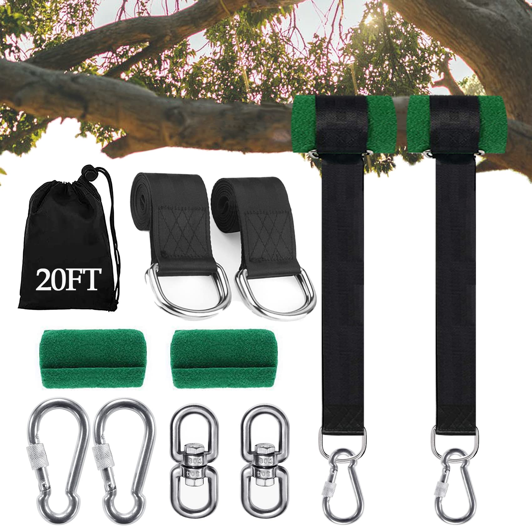 30FT Extra Long Heavy Duty Tree Swing Straps - Set of 2 (5000 lbs Capacity) with Tree Protector, Carabiner & Swivel - Easy Install for Swings, Hammocks & Outdoor Play - Perfect for Backyard, Park & Camping Adventures