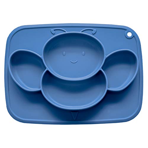 Non-Slip Silicone Baby Plates with Suction - BPA-Free Divided Toddler Dish Set for High Chair & Table, Microwave & Dishwasher Safe (Cute Bee, Blue) - Perfect for Mess-Free Mealtime & Travel Feeding