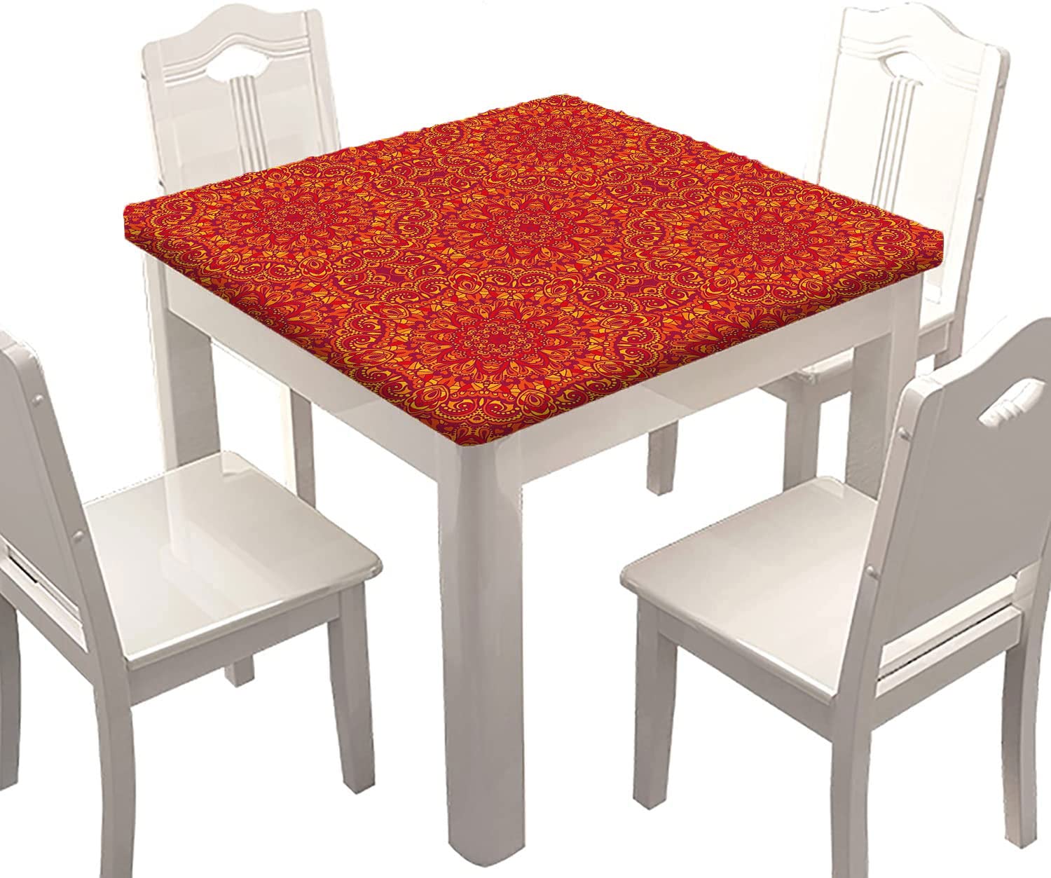 Boho Floral Square Fitted Tablecloth - Red Orange Yellow Waterproof Elastic Table Cover for 54x54 Inch Tables | Perfect for Indoor Family Banquets, Dinner Parties & Boho Home Decor
