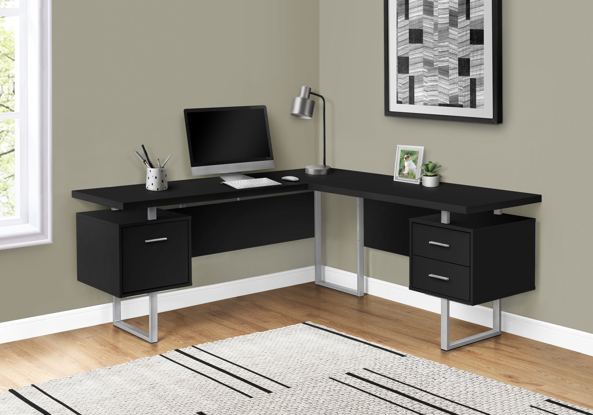 70L Black & Silver Metal Computer Desk - Left & Right Facing Ergonomic Home Office Desk for Work, Gaming & Study