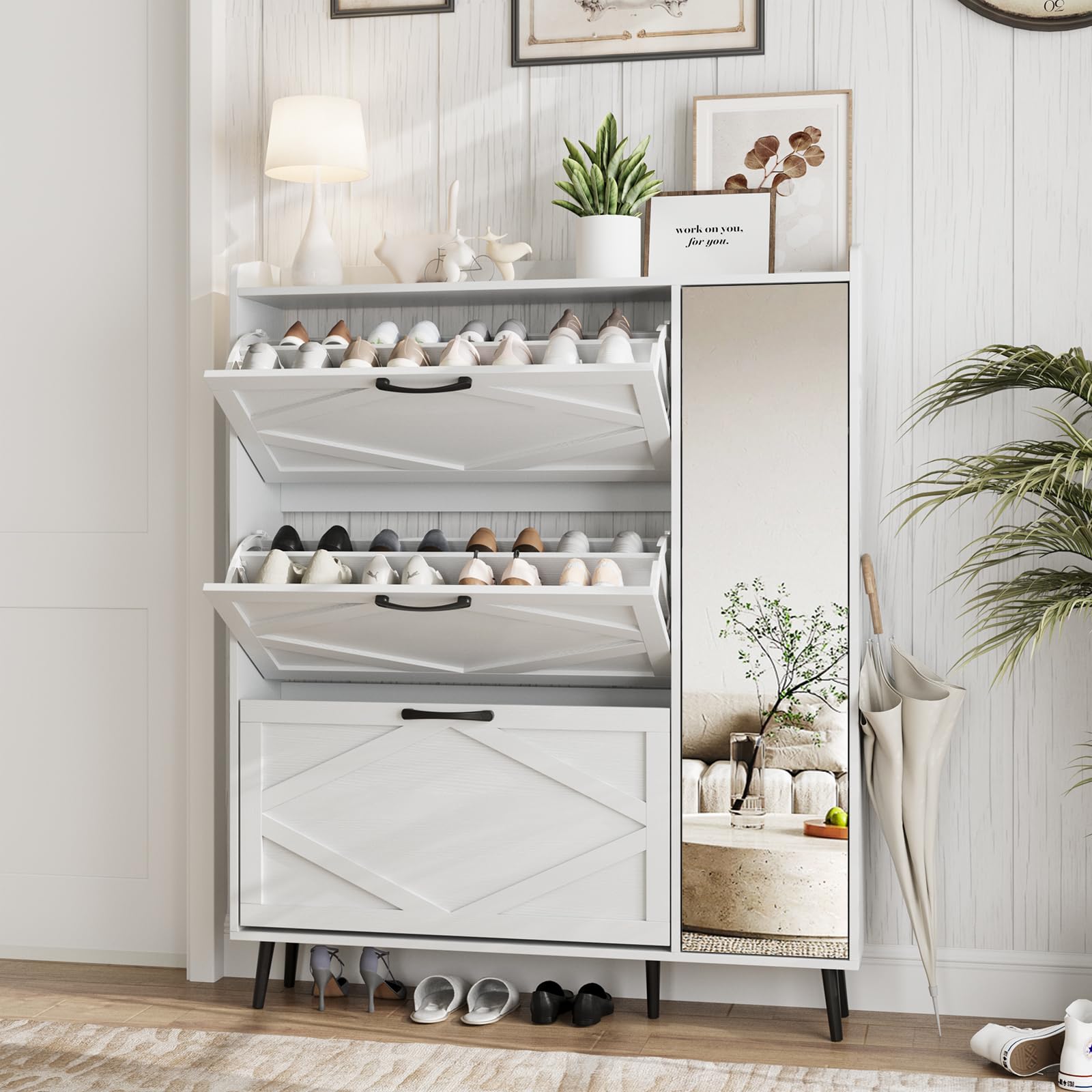 Maupvit 3-Drawer Shoe Cabinet with Mirror - Slim Hidden Storage for Entryway & Hallway