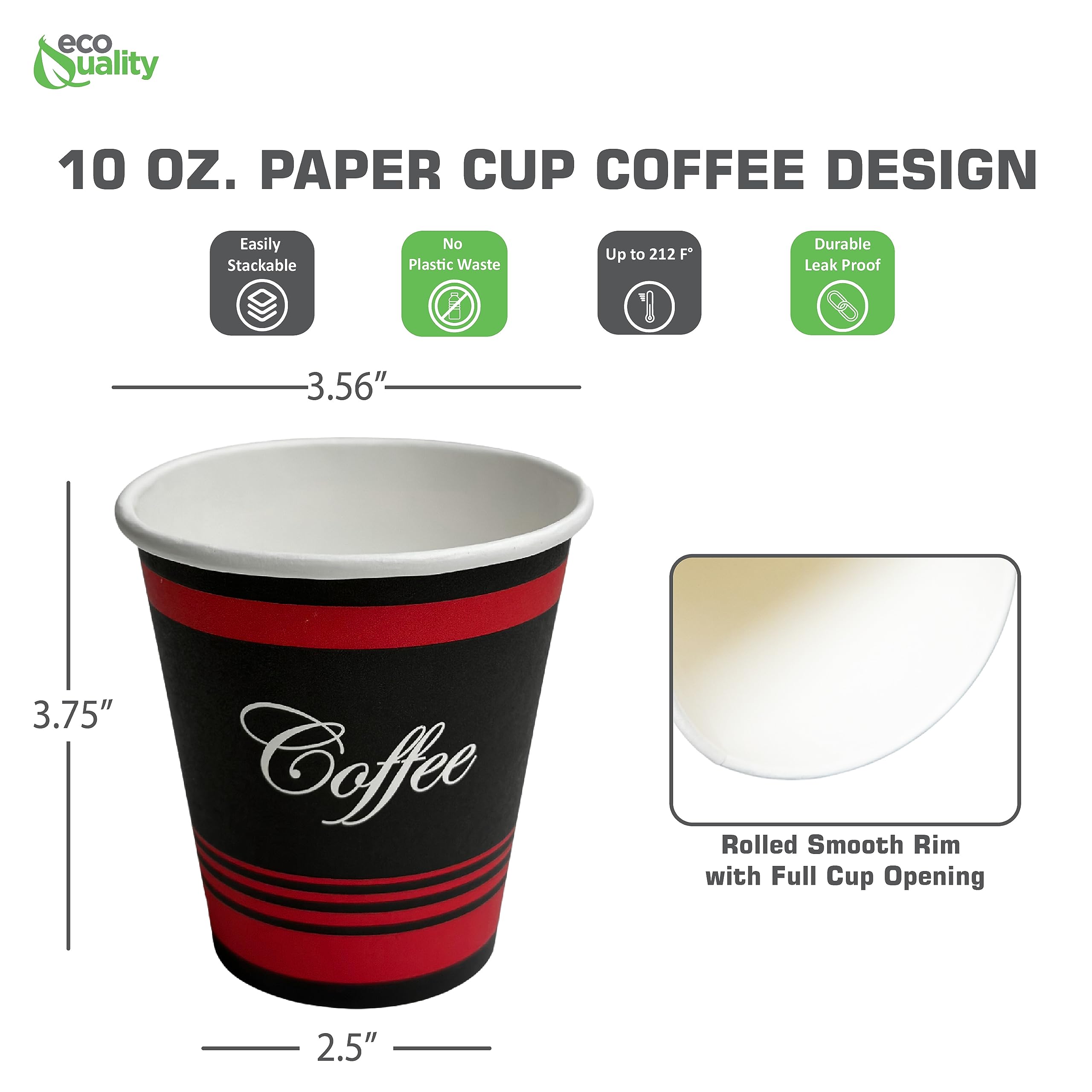 EcoQuality 10oz Disposable Paper Coffee Cups - Durable Hot/Cold Drink Cups for Coffee, Tea, Cocoa, Hot Chocolate - Ideal for Travel, Office, Home & Takeout - Pack of 1000 (10 Ounce) | Perfect for Morning Coffee, Office Breaks & On-the-Go Beverages