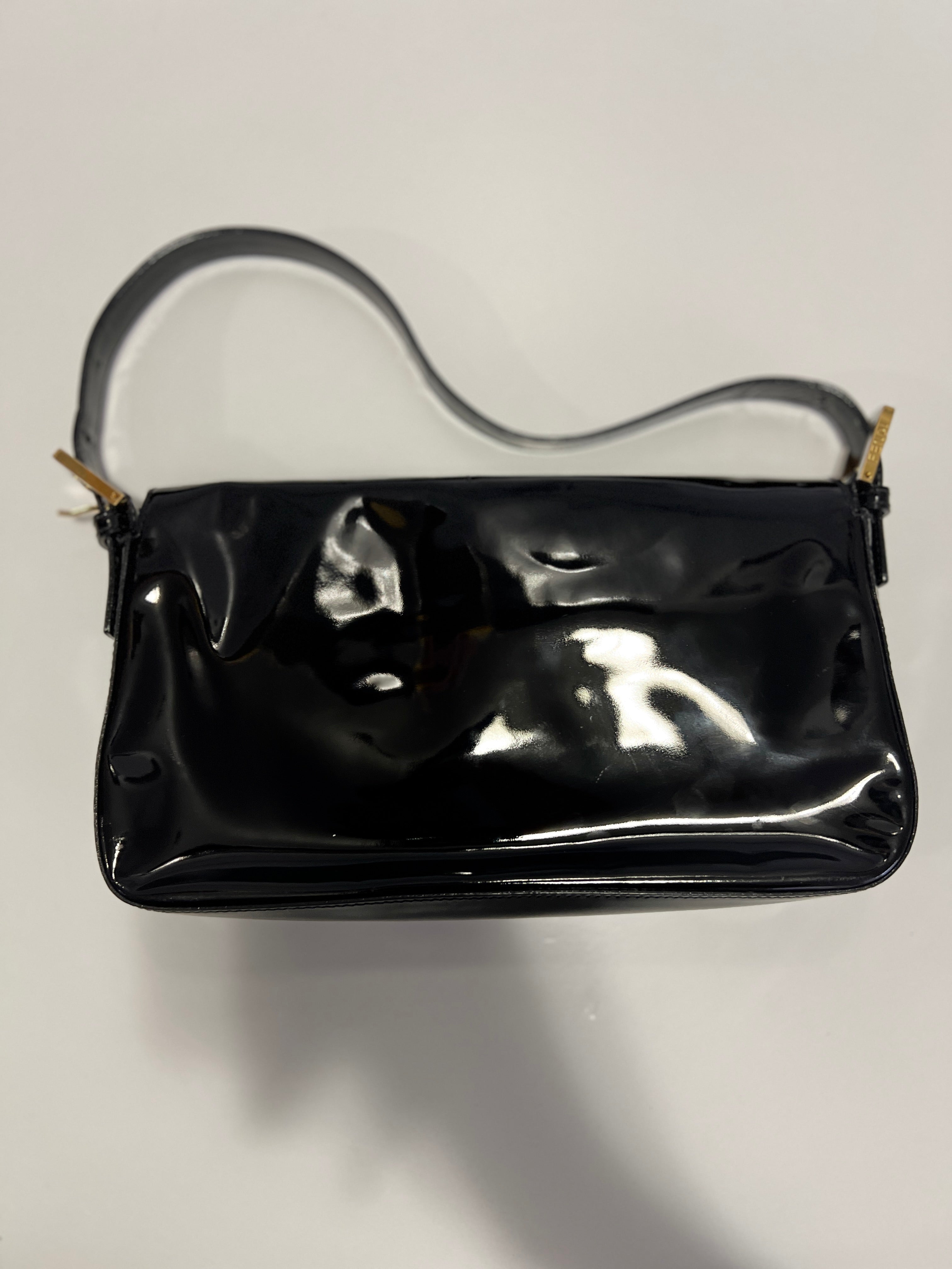 Fendi Black Patent Leather Baguette Bag - Luxury Designer Crossbody Purse for Women, Perfect for Evening Parties & Date Nights