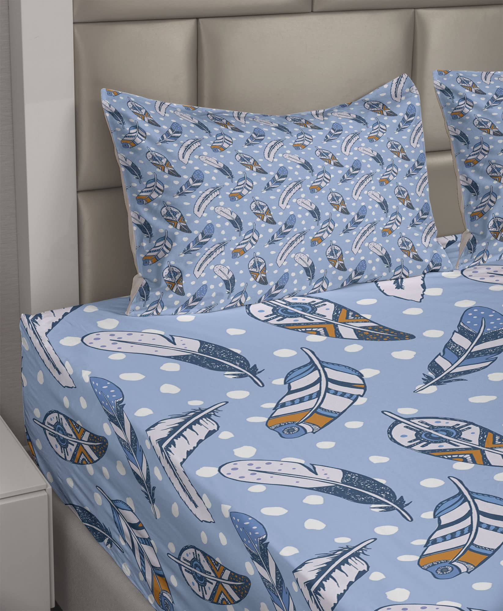 Ambesonne Modern 4-Piece King Sheet Set - Traditional Romantic Contemporary Leaves Design, Pale Blue White Amber - Soft Fitted & Flat Sheets with Pillowcases - Perfect for Master Bedroom, Guest Room, or Vacation Home Decor